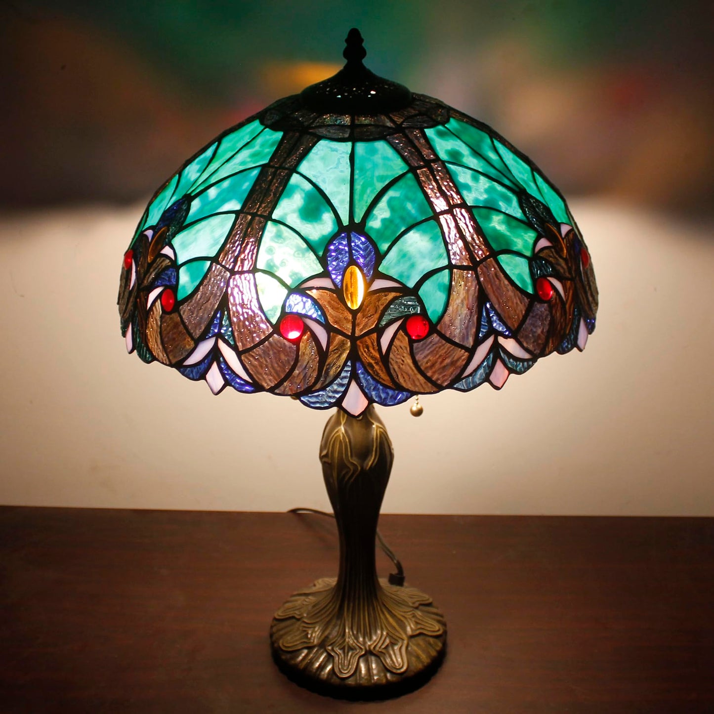 WERFACTORY Tiffany Style Lamp Green Stained Glass Bedside Table Lamp 24"