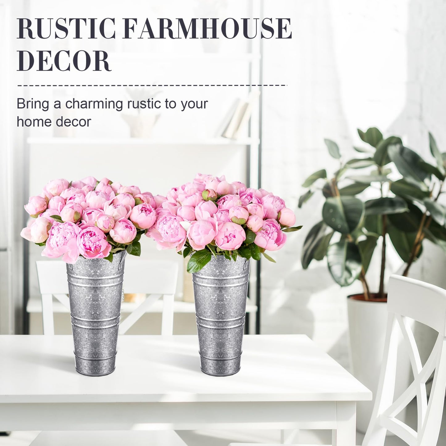 Zhehao 12 PCS 12 Inch Galvanized Metal Vase with Handles Bulk Tin Flower Buckets Galvanized Vases for Flowers Country Wedding Table Centerpieces Metal Flower Buckets for Wedding Home(Matte Silver)