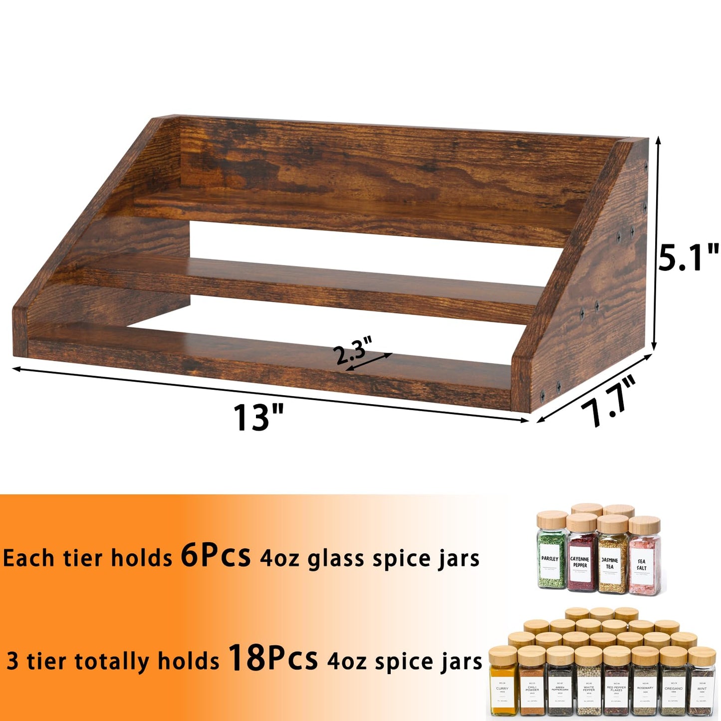 Spice Rack Organizer for Cabinet, Robust Wooden Display Riser Shelf Seasoning Organizer for Countertop Cupboard Pantry, Condiment Jar Kitchen Storage Holder Super Sturdy Stand, Rusitc Brown (3-Tier)