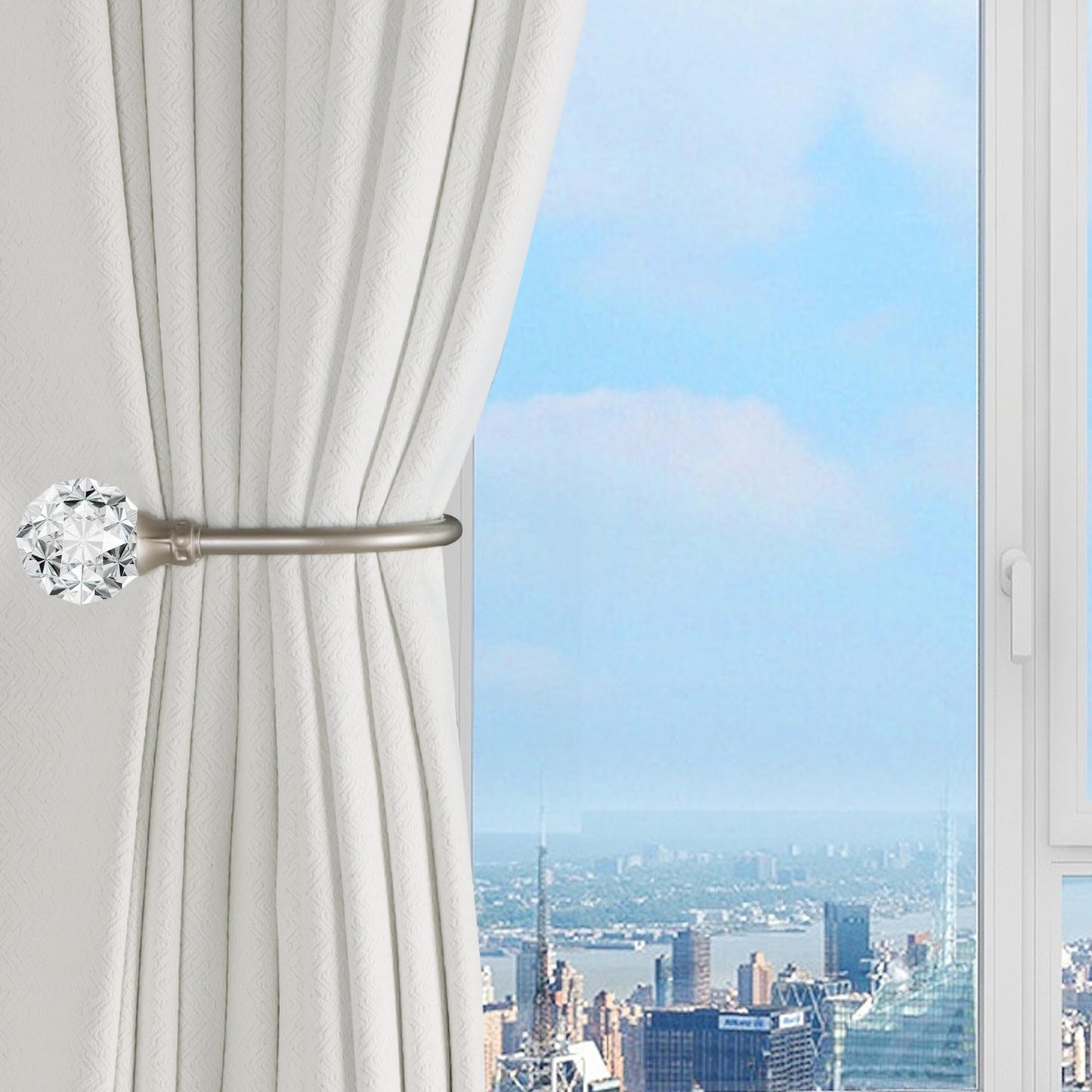 Groleca 2 x Heavy Duty U Shaped Metal Curtain Holdbacks Curtain Tiebacks with Clear Crystal Ball Pull Backs Curtain Holders for Drapes (Silver)