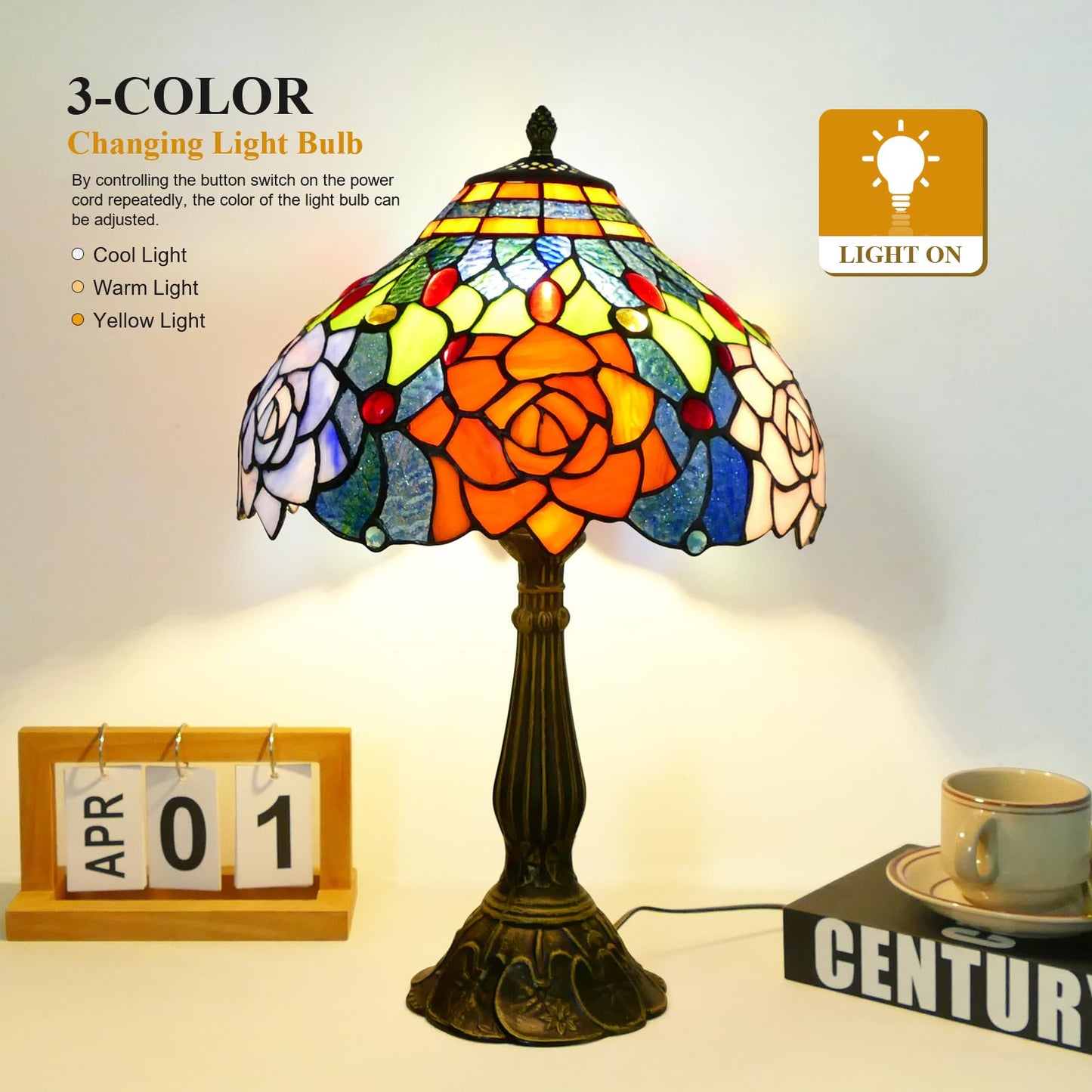 Tiffany Table Lamp Stained Glass Peony Flower Style Table Light, 12" Wide 19" Tall Handmade Bedside Table Night Lamp, Antique Art Craft Gifts for Living Room Bedroom Study Bookcase Desk Light