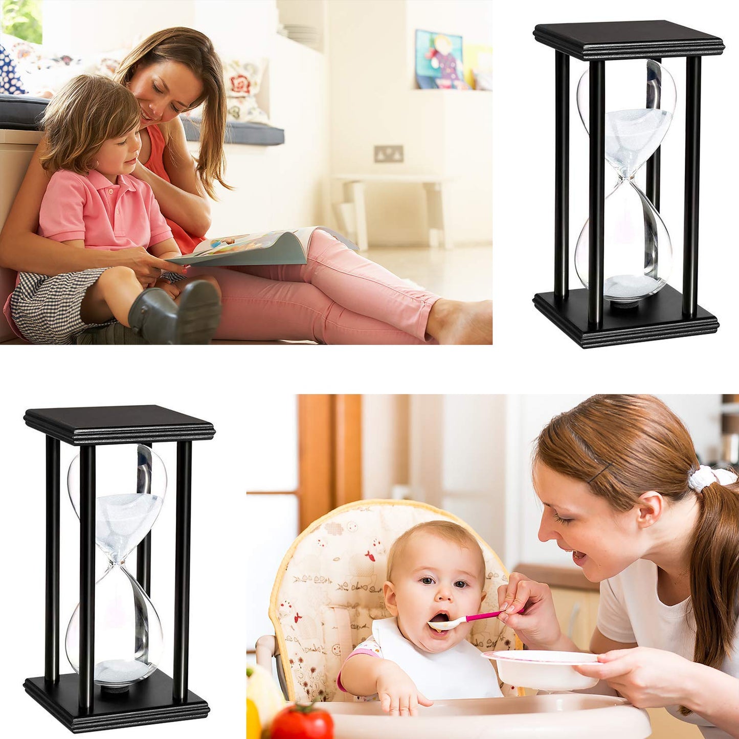 Lodunsyr Hourglass Timer for 60 Minutes Sandglass Timer for Kitchen Living Room Home Bedroom Party Festival School Game Sand Timer (Black Frame White Sand)