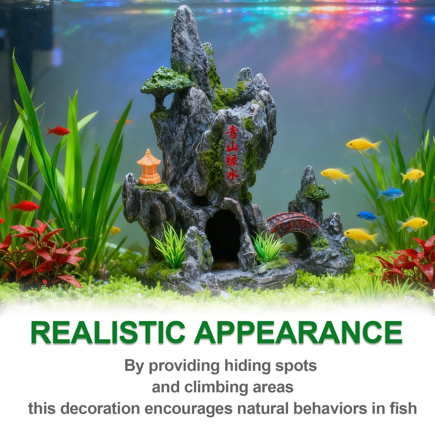 JUUDDENPARTS Mountain View Stone Ornament, View Stone Rock Cave Aquarium Decorations, Fish Tank Decoration Resin Cave for Betta Fish Snail Turtle, for Freshwater Saltwater Aquascaping