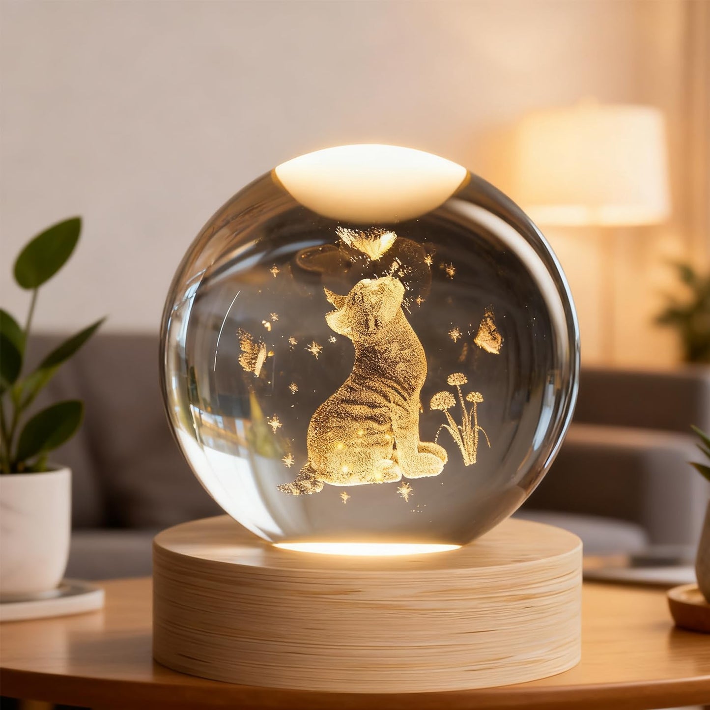3D Cats Butterfly Crystal Ball, 3D Laser Engraved Decorative Flowers Crystal Ball Glass Sphere Home Decor Gifts Light for Mom Women Girls Cat Lovers, Presents Decor Crystal Sphere Memorial Gifts