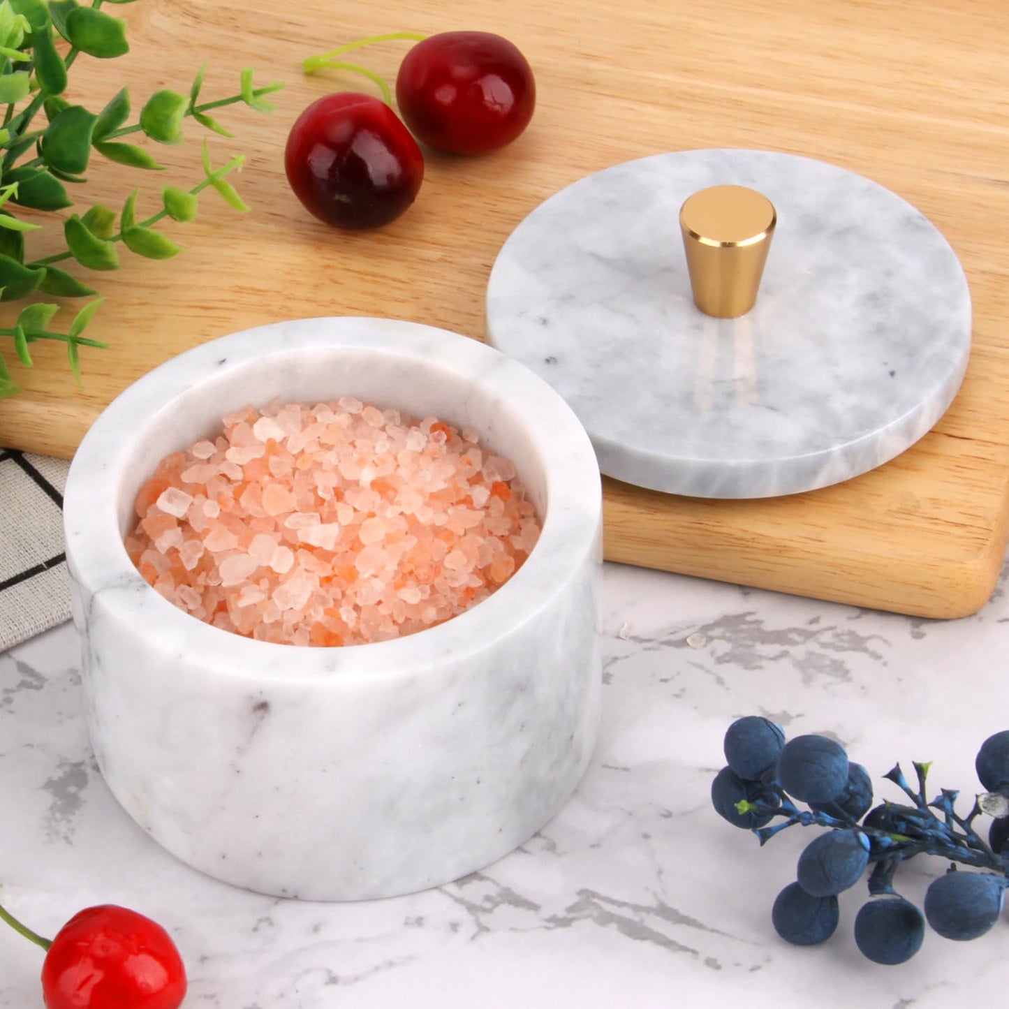 Stonemanus Marble Salt Cellar with Lid, 4 inch Natural Stone Salt Pepper Box, Alloy Lid for Kitchen Countertop Storage (White Grey, 4 * 3.5)