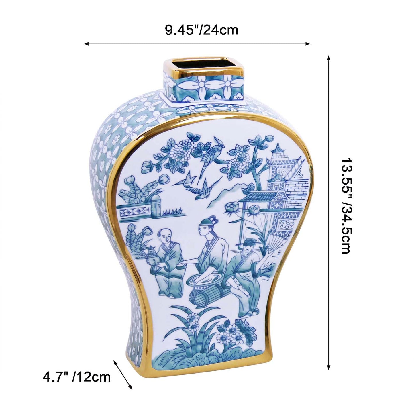 Blue and White Hand-Painted Ceramic Vase with Gold Rim - Antique Chinese Porcelain Bud Vase for Home Decor, Table Centerpieces for Living Room, Office, Entryway, Fireplace or Bookshelf