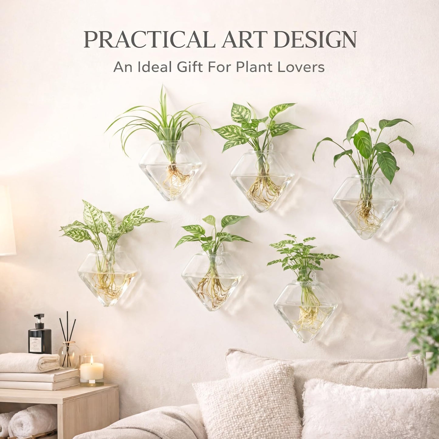 Yungyan 6 Pack Wall Mounted Glass Planter Borosilicate Glass Diamond Hanging Vase with Hidden Invisible Hook Hydroponic Plant Propagation Station Clear Wall Planter for Home Bathroom Office Decor