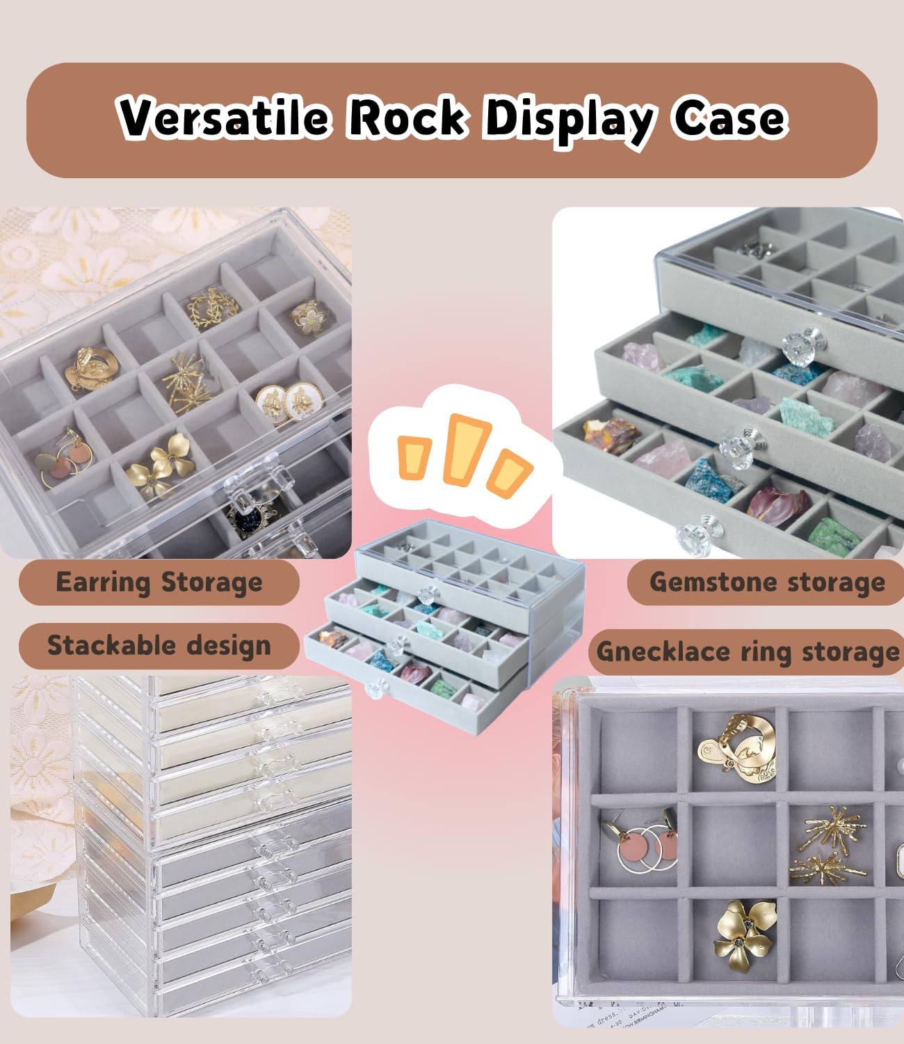 Acrylic Mineral Display Case - 3-Layer Rock Collection Box with 54 Grids & Velvet Lined Drawer | Anti-Tarnish & Dust-Proof Storage for Crystals, Gemstones, Fossils | Jewelry and Specimen Organizer