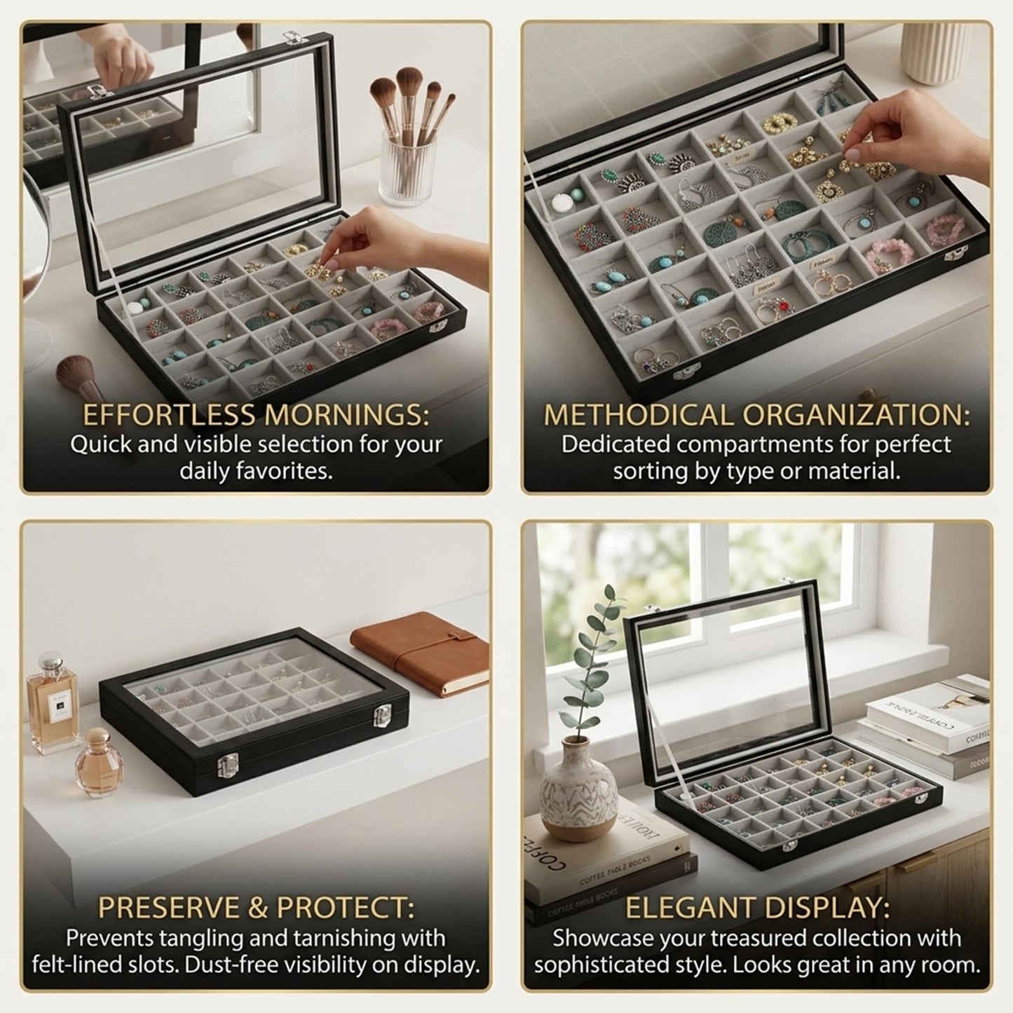 Stratalife Jewelry Organizer 48 Grid Jewelry Tray with Clear Lid Dust-proof Velvet Earring Organizer Necklace Rings Holder Display Drawer Storage Case for Women Gray Black