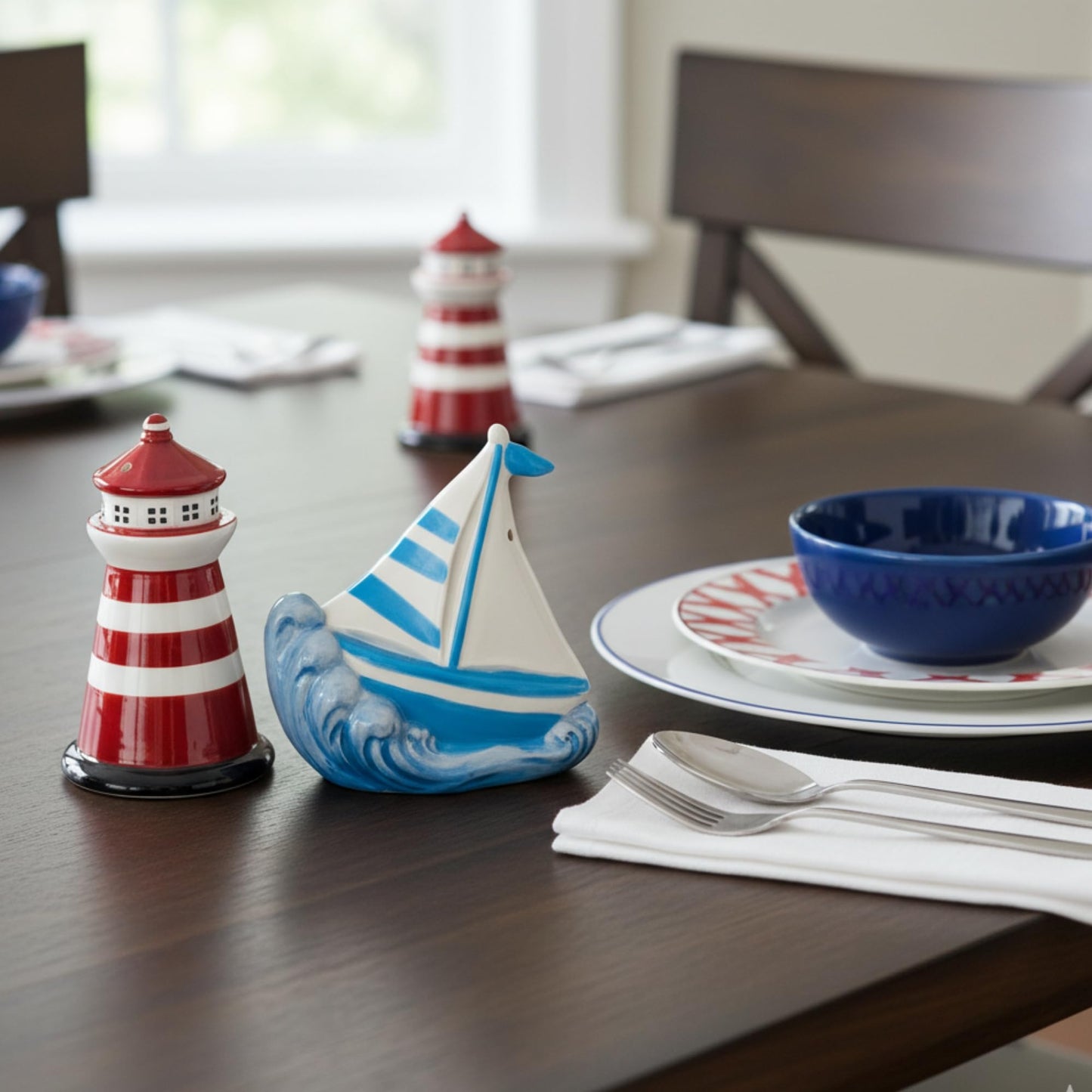 Blue Sky Clayworks Lighthouse & Sailboat Salt & Pepper Shaker Set, Ceramic, 3.5" L x 2" W x 3.5" H, Coastal Tabletop Duo