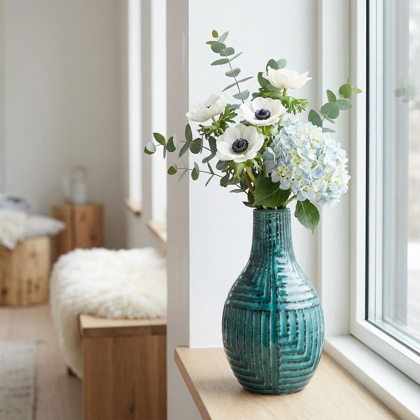 hjn Teal Hand-Glazed Ceramic Vase - 9.4" H Modern Decorative Centerpiece Vase for Fresh/Dried Flowers, Home Decor for Living Room Bookshelf Mantel | Wedding Housewarming Gift