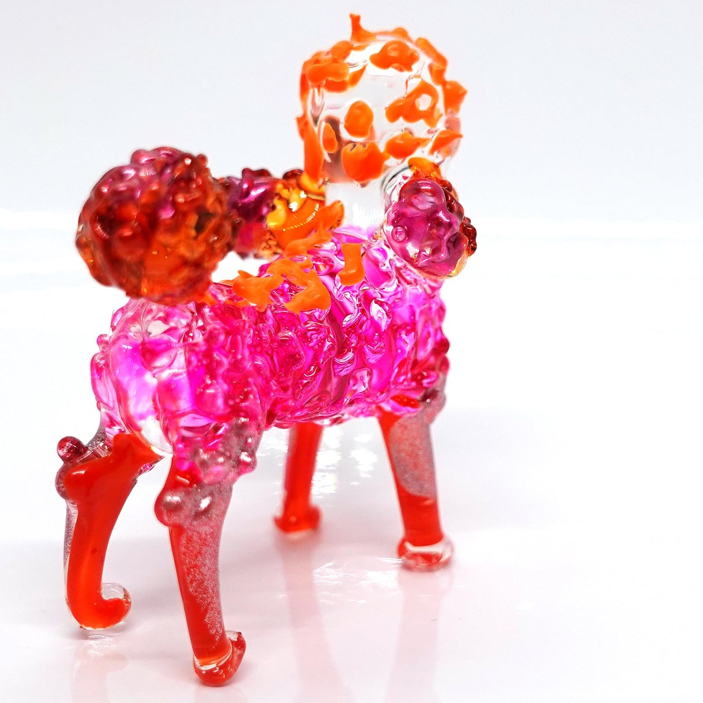 Sansukjai Poodle Glass Handmade Figurine - Painted Blown Glass Dog Sculpture with Layered Eyes - Miniature Collectible Pet Decor Gift for Dog Lovers (Pink Orange)
