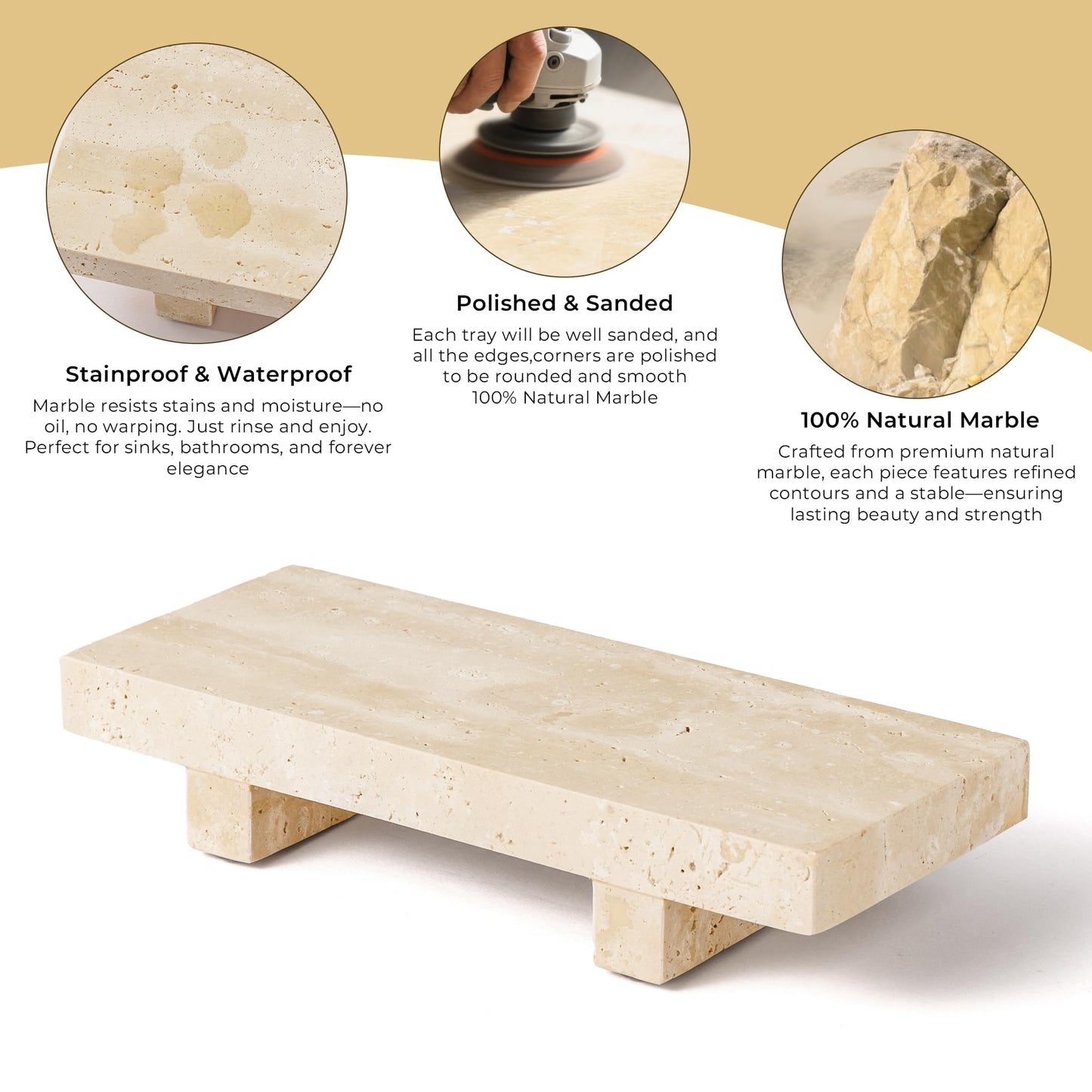 WORHE Travertine Soap Tray for Bathroom Countertop 8.6" x 3.5" Waterproof Stone Soap Dish Holder, Marble Pedestal Stand for Sink, Vanity, Counter Luxury Decorative Tray Farmhouse Decor Beige (WH087)
