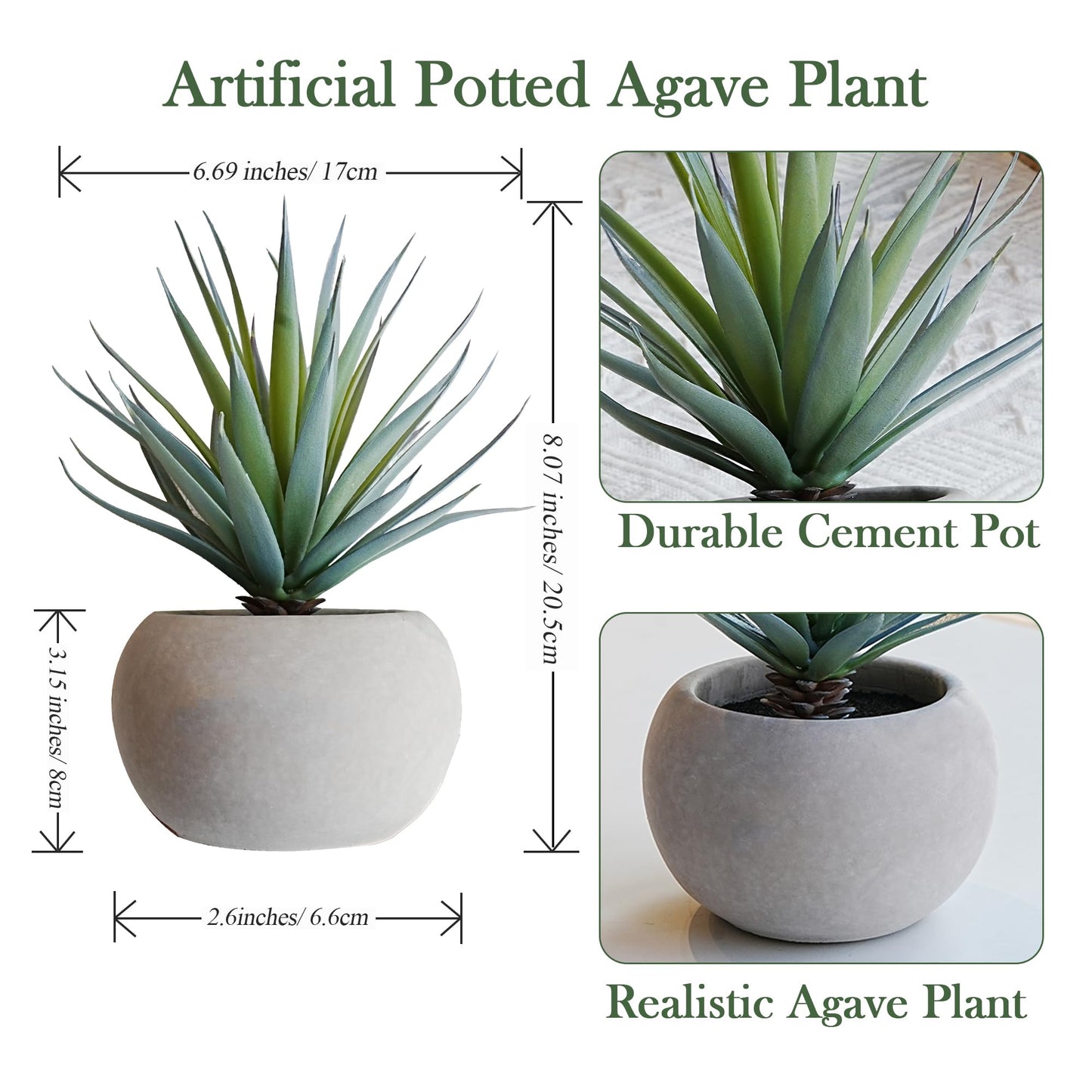 Jahe Agave Artificial Plants, Matte Pot Mini Artificial Plants Indoor, 8.07 in Faux Agave Plant UV Resistant Gray Cement Pot, Perfect for Bathroom Living Room Study Desk Decor, Ideal as a Gift, 2 Pcs