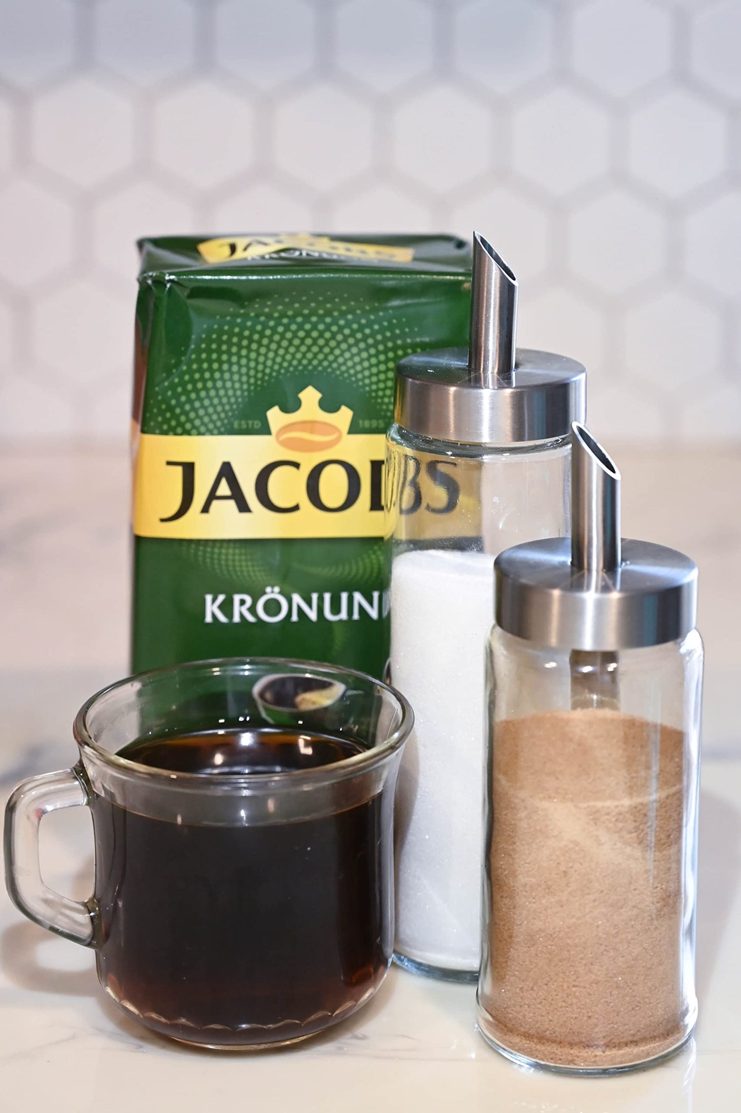Neat Pour Sugar Dispenser, Shaker & Pourer - MODERN STYLE Brushed Nickel with Stainless Steel Lid, Dishwasher Safe for Sugar, Salt, Cocoa, Sprinkles. 8.4oz for coffee, tea, and baking (Pack of 2)