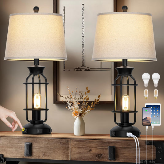 28" Vintage Table Lamps with USB C+A Ports & AC Outlet, Industrial Farmhouse Table Lamp Set of 2, Black Modern Nightstand Beside Lamps with 2 Night Light for Living Room Bedroom(4 LED Bulbs Included)