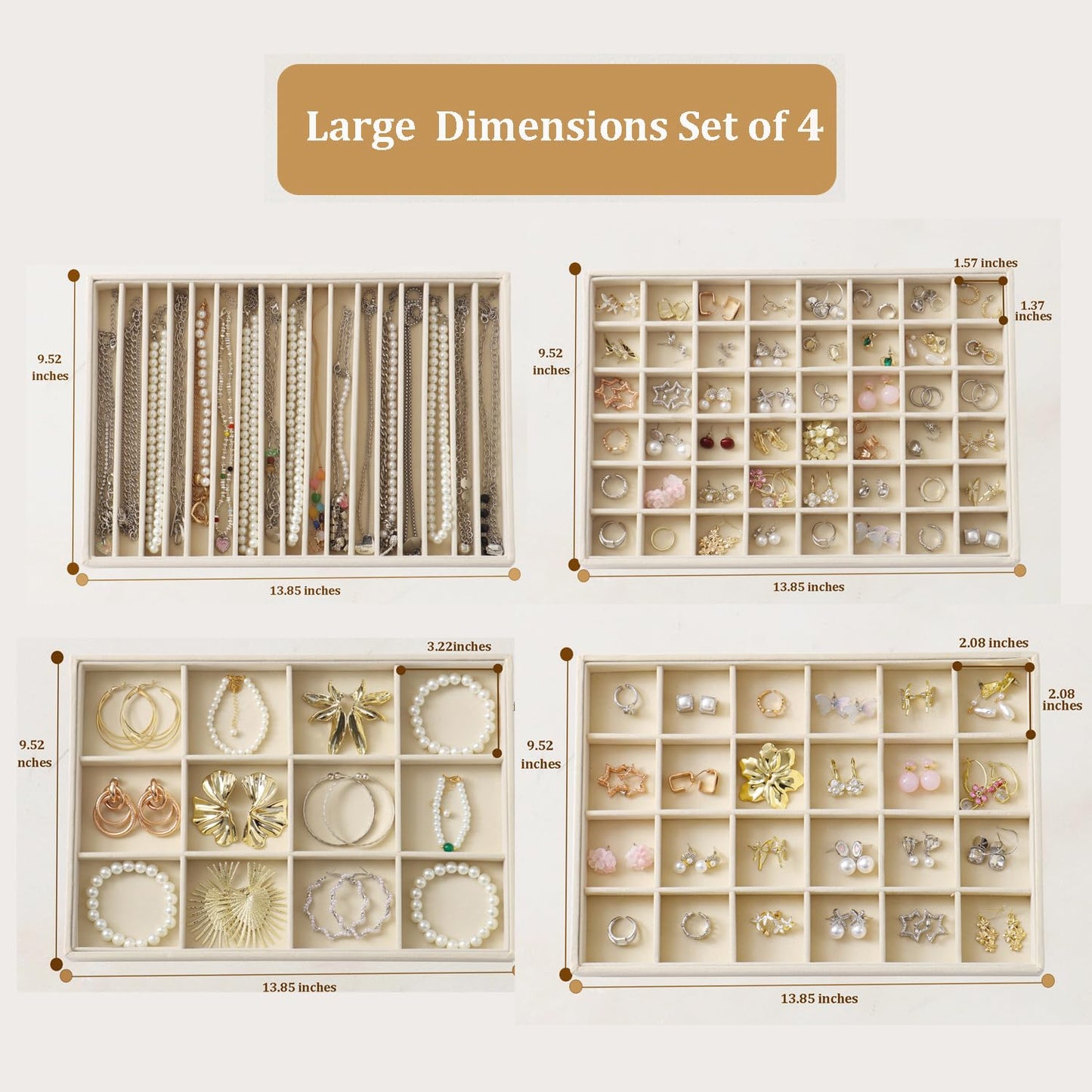 KATISYIO Large Jewelry Drawer Organizer Trays Set of 4, Stackable Velvet Jewelry Trays Organizer Holder Display Storage Showcase for Earring Necklace Bracelet Ring Accessary (Beige, 12+17+24+48 Grids)