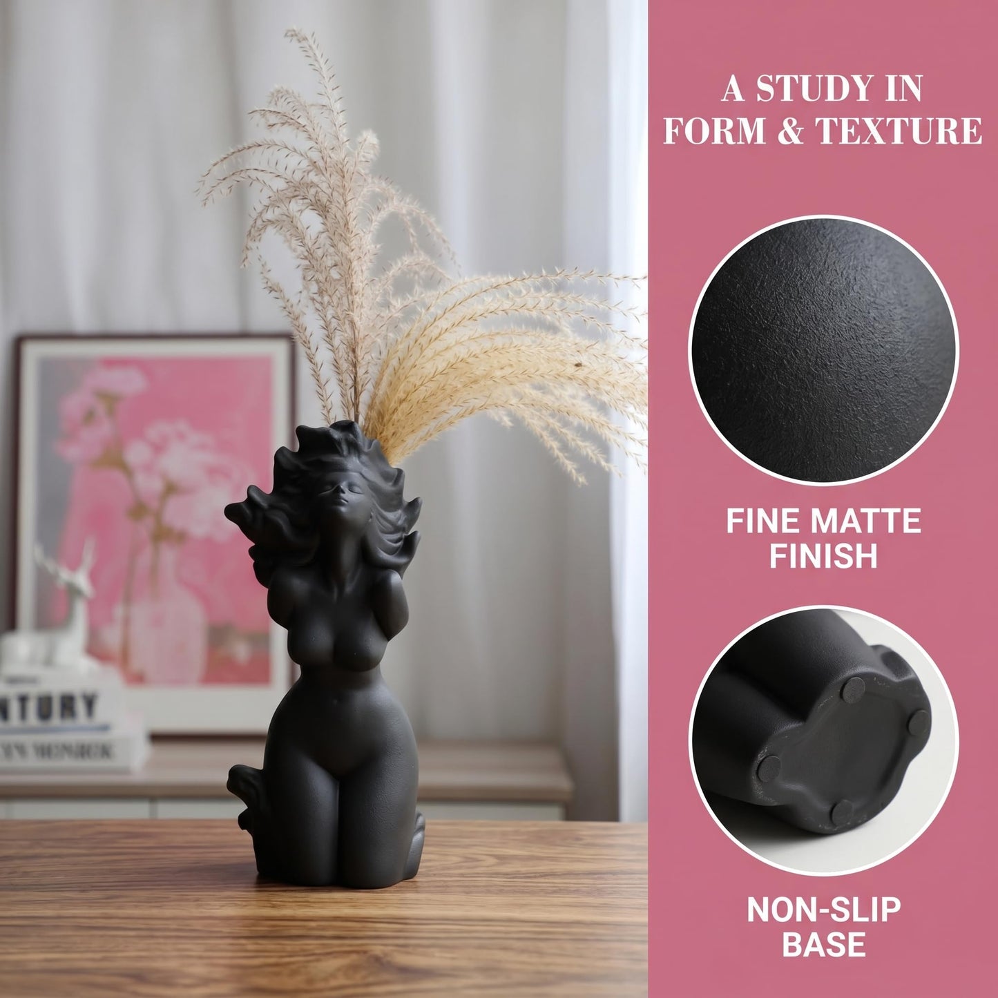 Artistic Female Form Ceramic Sculpture Body Vase, Black Ceramic Butt & Bust Planter Pot for Home Decor – Funny Unique Vase Centerpiece with Modern Aesthetic (Black)