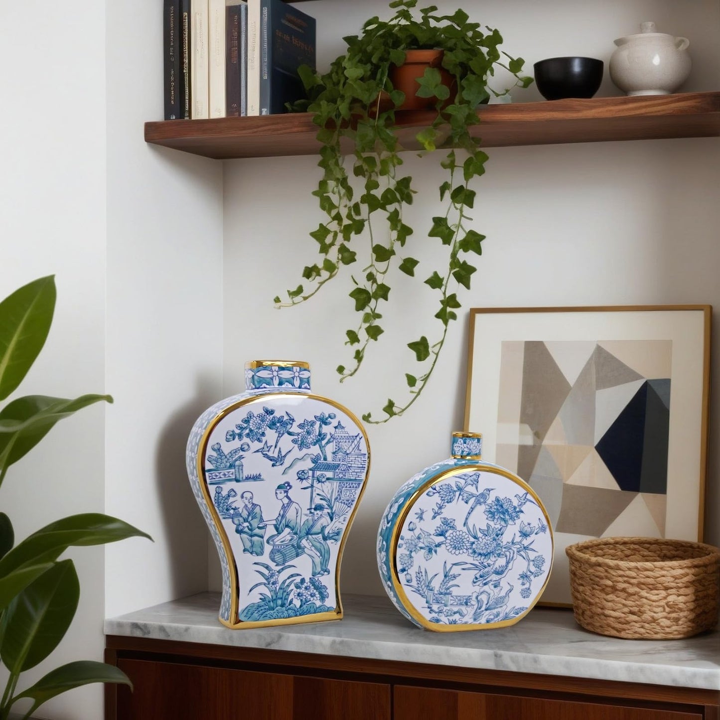 Blue and White Hand-Painted Ceramic Vase with Gold Rim - Antique Chinese Porcelain Bud Vase for Home Decor, Table Centerpieces for Living Room, Office, Entryway, Fireplace or Bookshelf
