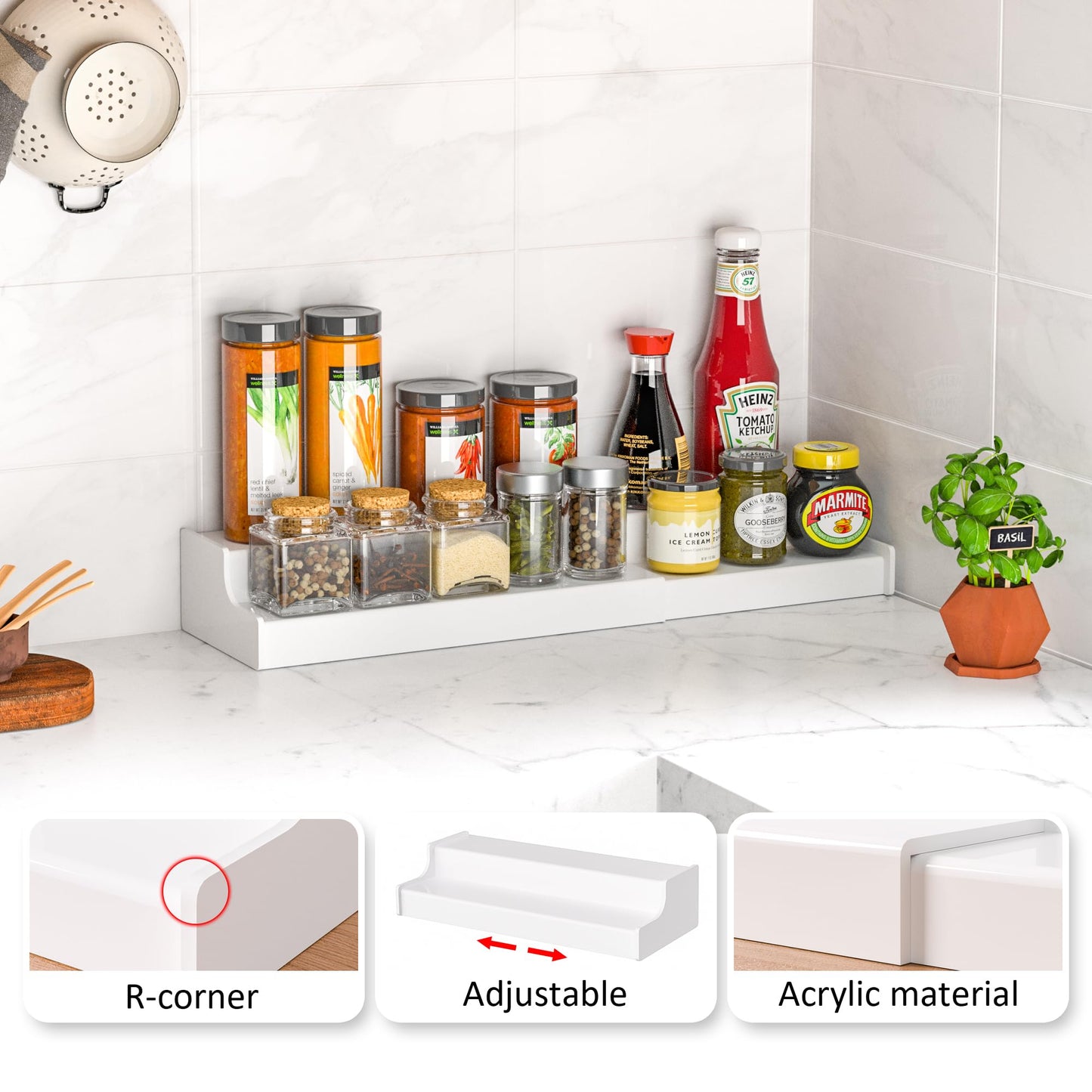 Sezanrpt Expandable Spice Rack Cabinet Organizer 2 Tier, White Kitchen Counter Display Shelf, Seasoning Organizer for Cabinet, Moisture Resistant