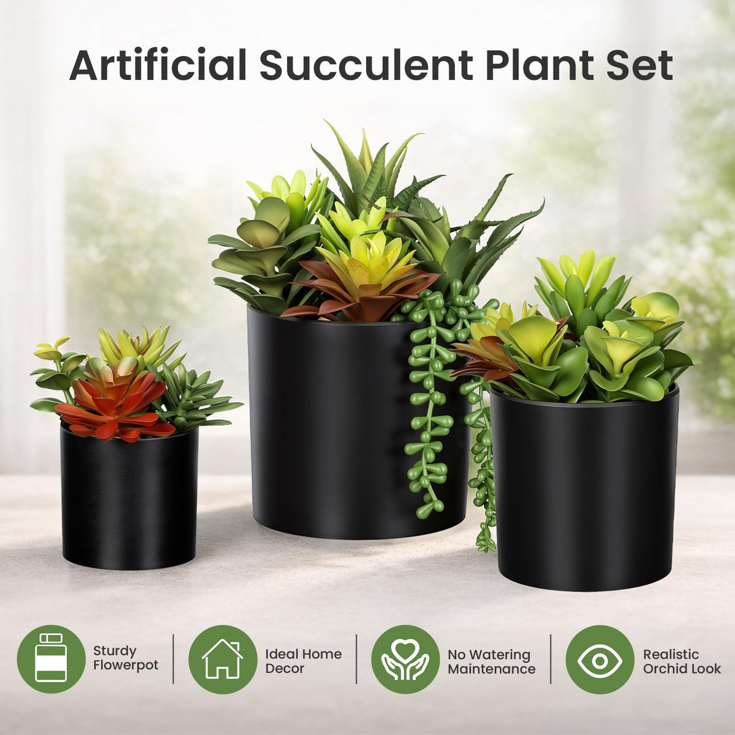 LeafVerse Artificial Succulents 3 Pack - UV Resistant Faux Plants with Pots for Indoor Outdoor Decor - Lifelike Small Fake Potted Plants for Home Office Desk Bathroom Bedroom Shelf Aesthetic