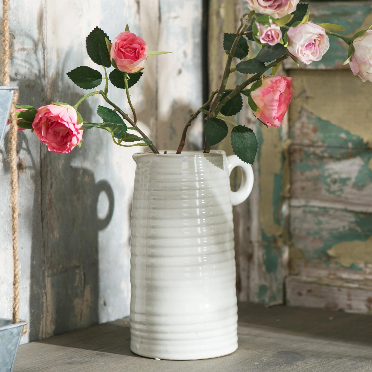 Kimdio White Ceramic Vase with Handle, Modern Farmhouse Pitcher Vases for Home Decor, Rustic Texture Pottery Vase, Decorative Flower Vase, Clay Vase, Centerpieces for for Living Room