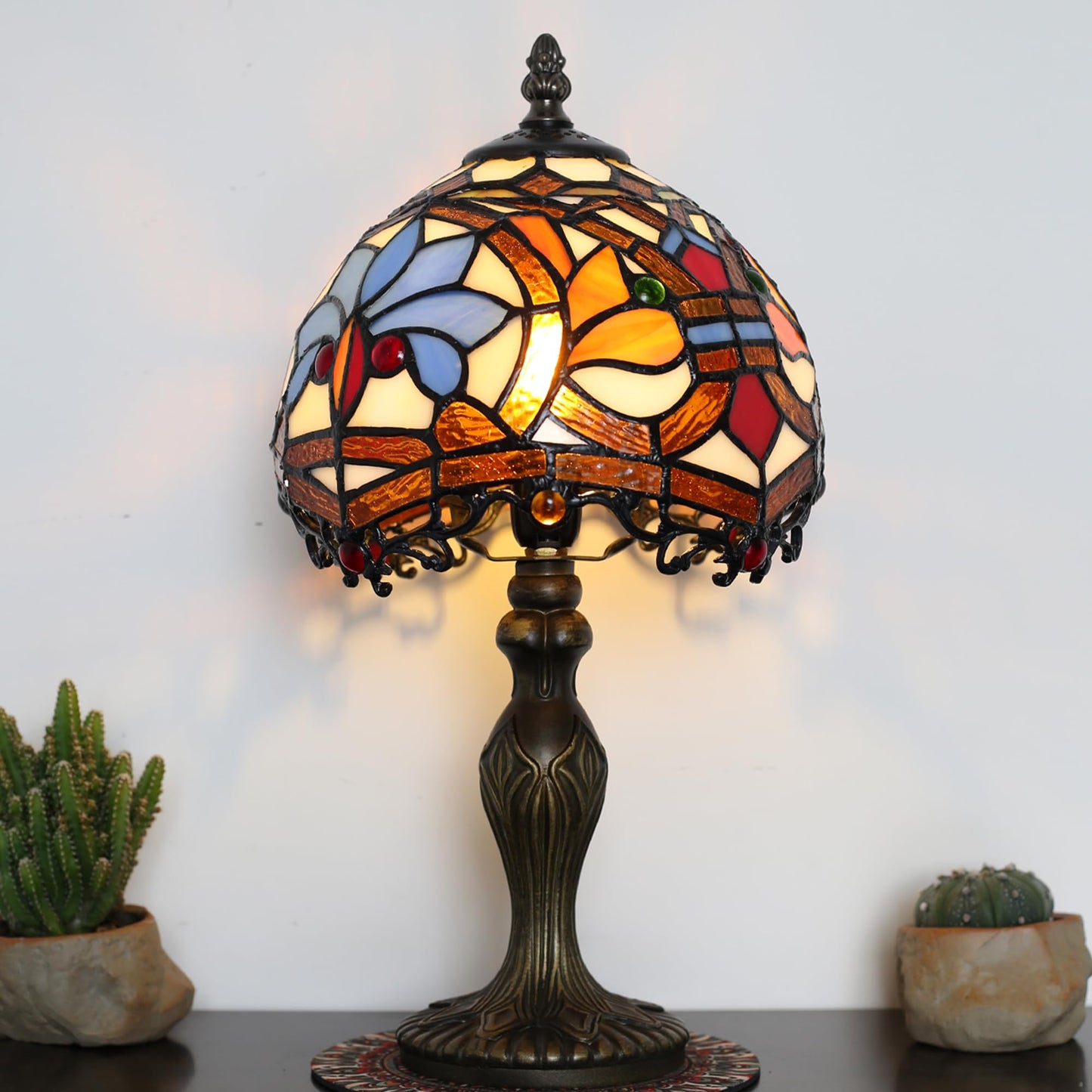 LUSTIX Small Tiffany Table Lamp Stained Glass Lamp Yellow Phoenix Style