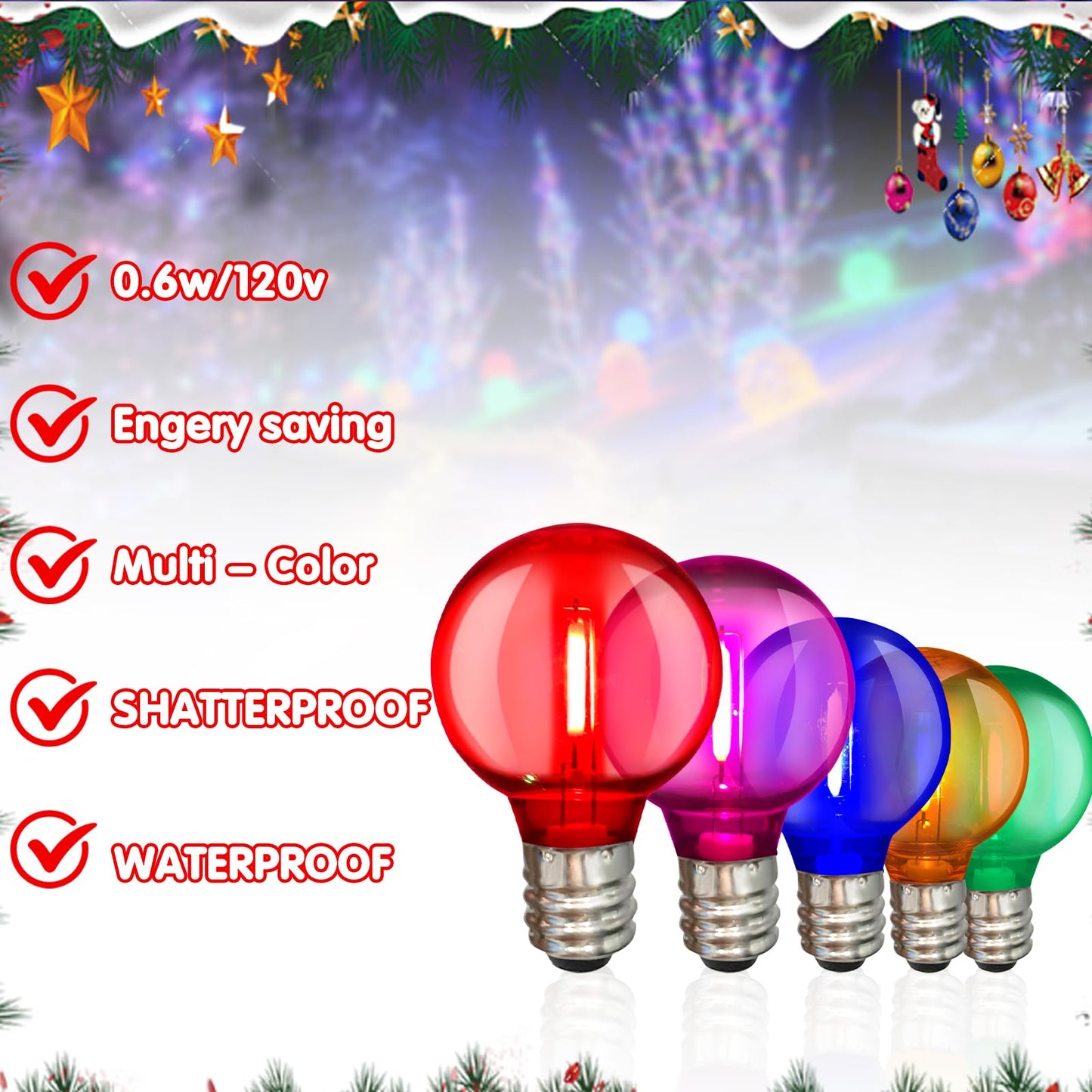 Pallerina 25 Pack Multicolor G40 LED Christmas Replacement Light Bulbs, Replacement Bulbs for Christmas String Lights, G40 Shatterproof Waterproof Dimmable Globe Lights Bulbs E12 Intermediate Base