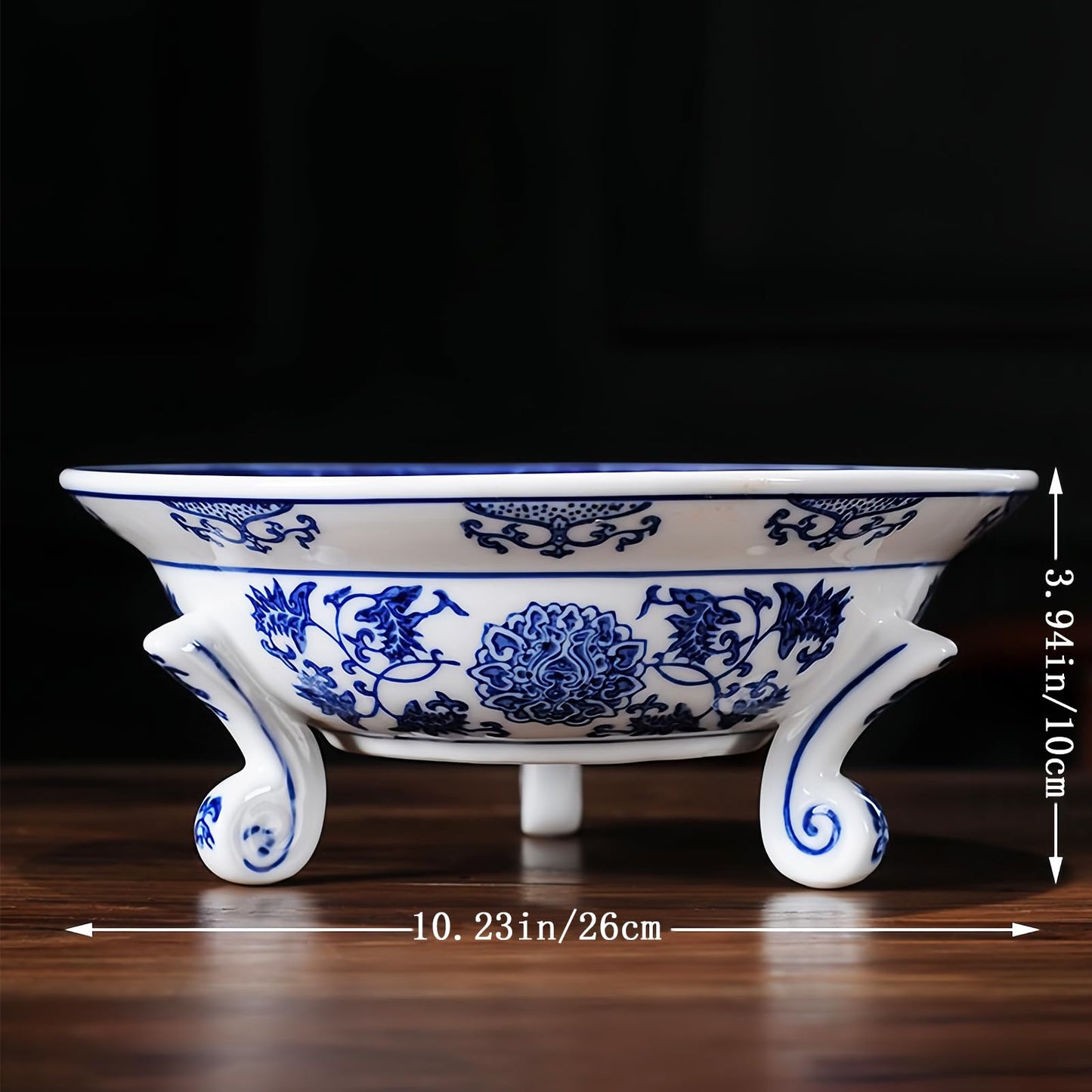 YYMayLsh Decorative Porcelain Fruit Bowl, Blue and White Chinoiserie Design, 10.2x3.9 inches