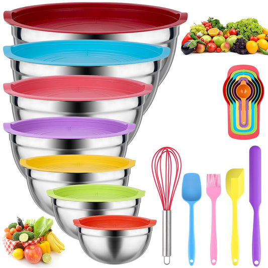 Leidawn Mixing Bowls with Lids for Kitchen - 25 PCS Stainless Steel Nesting Colorful Mixing Bowls Set for Baking,Mixing,Serving & Prepping,Size 5, 3.7, 2.8, 2.3, 1.7, 1.1, 0.7QT,11 Cooking Utensils