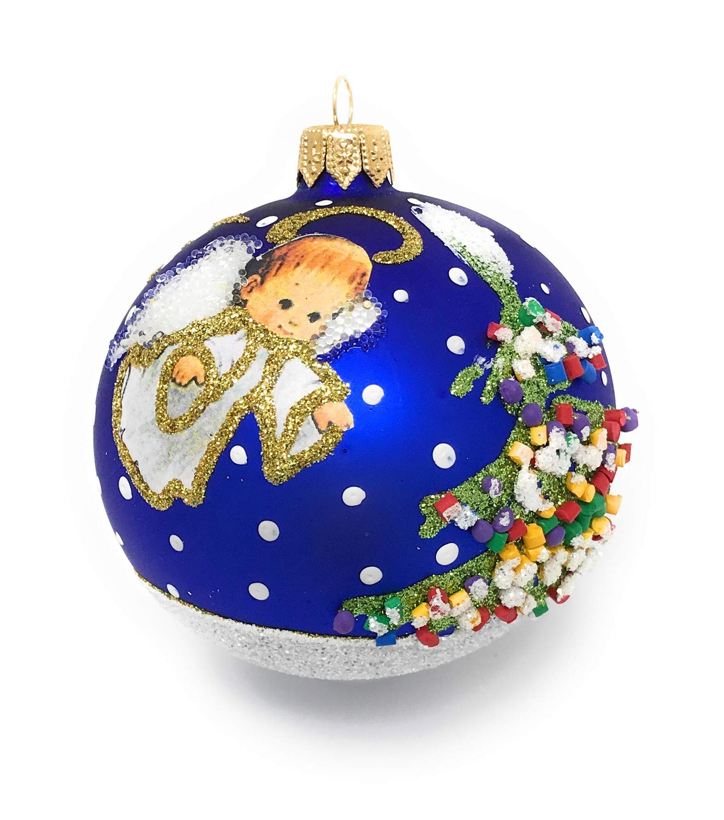 Polish Gallery Christmas Ornament, Angel with House and Holiday Tree, Blown Glass Ball 3-inch (Navy Blue)