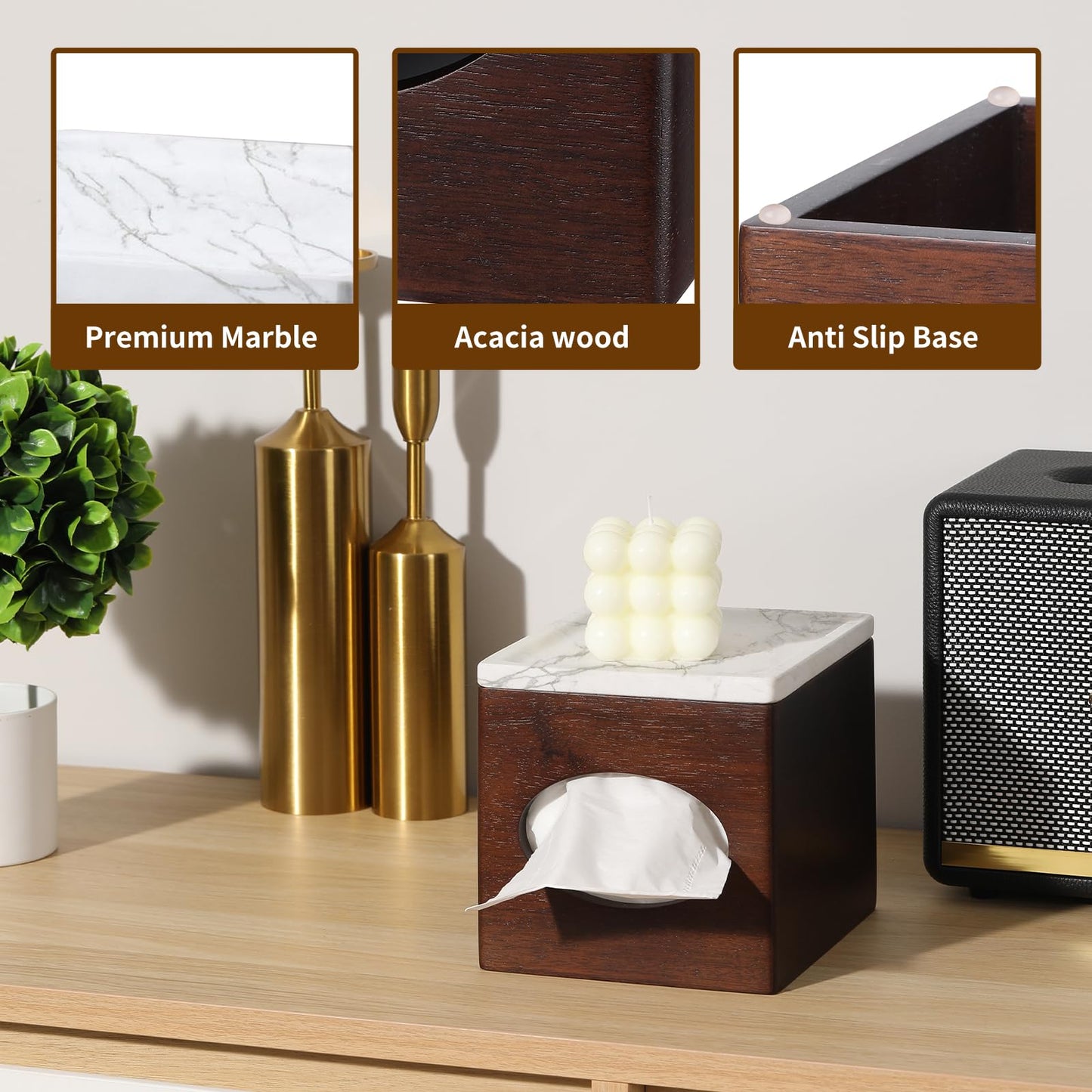 Tissue Box Cover Marble top (Dark) Tissue Cover for Bathroom Tissue Box Cover Cube for Home Office Table Counter Square Marble top Tissue Holder with stoarge Tray