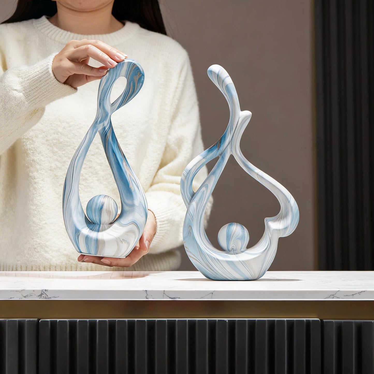 TZIZO Blue Marble Abstract Sculptures Set of 2, Coffee Table Centerpiece