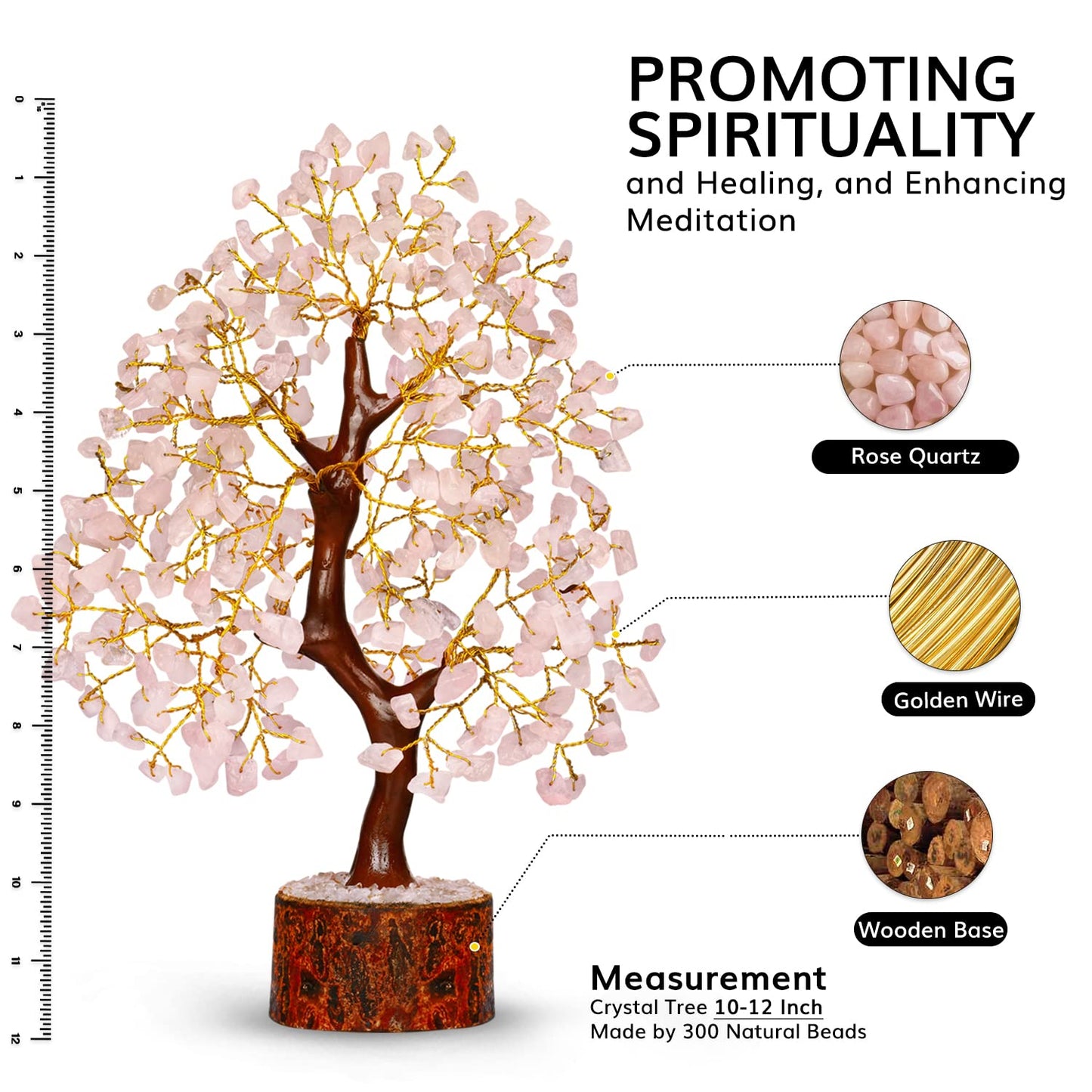 NARIBABU Rose Quartz Crystal Tree with Golden Wire – 10-12 Inch Gemstone Tree on Wooden Base – Gifts for Her, Crystal Decor, Spiritual Gift, Birthday Gift for Women, Healing Trees for Home