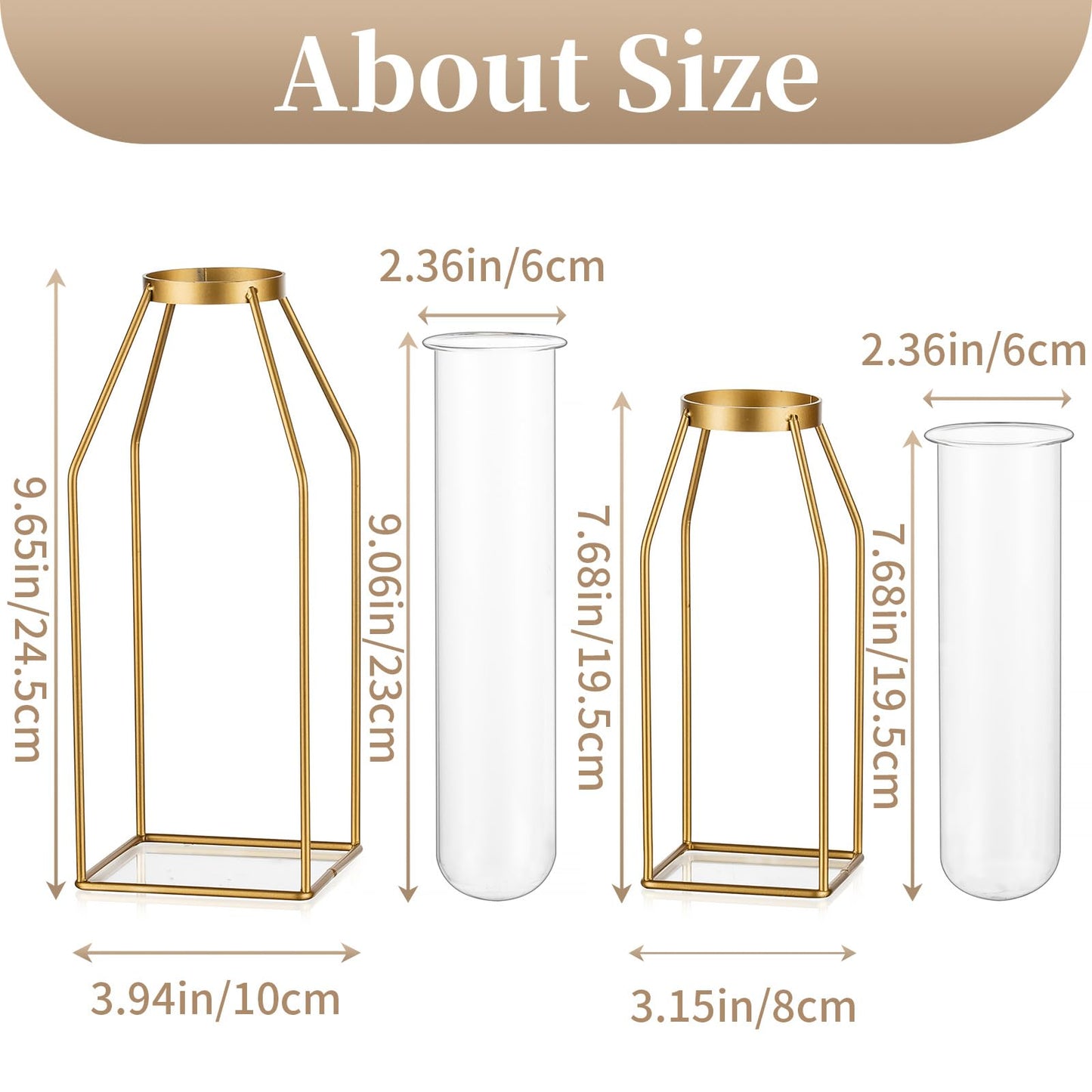 Sziqiqi Metal Flower Vase Table Decor - Gold Frame Vase with Glass Test Tubes 8"/10" Modern Bud Vase for Coffee Table Living Room Abstract Geometric Art Vase for Rose Hydroponic Plant Pampas