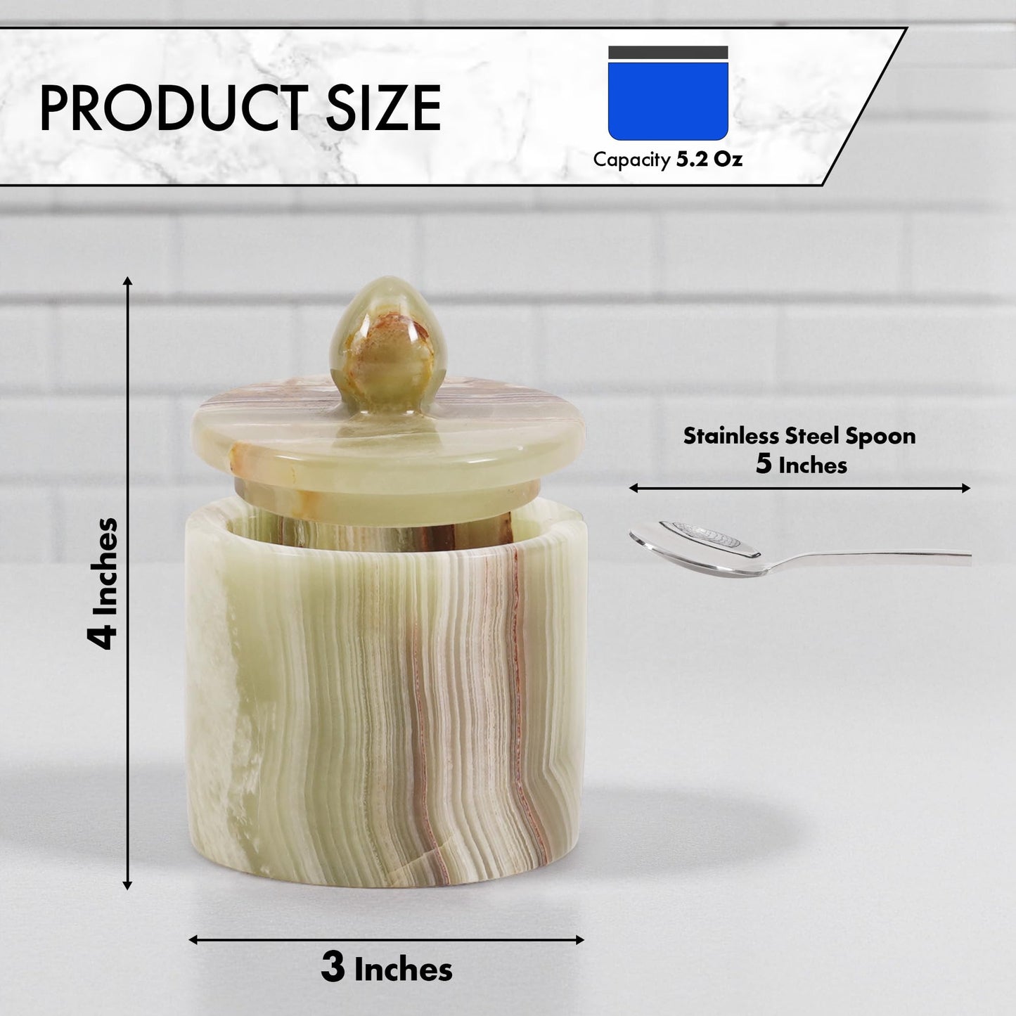 Green Onyx Salt Cellar with Lid 4 Inch – Handmade Natural Marble Salt Cellar, Kitchen Salt Container for Countertop, Refillable Salt Box for Cooking, Seasoning & Dining
