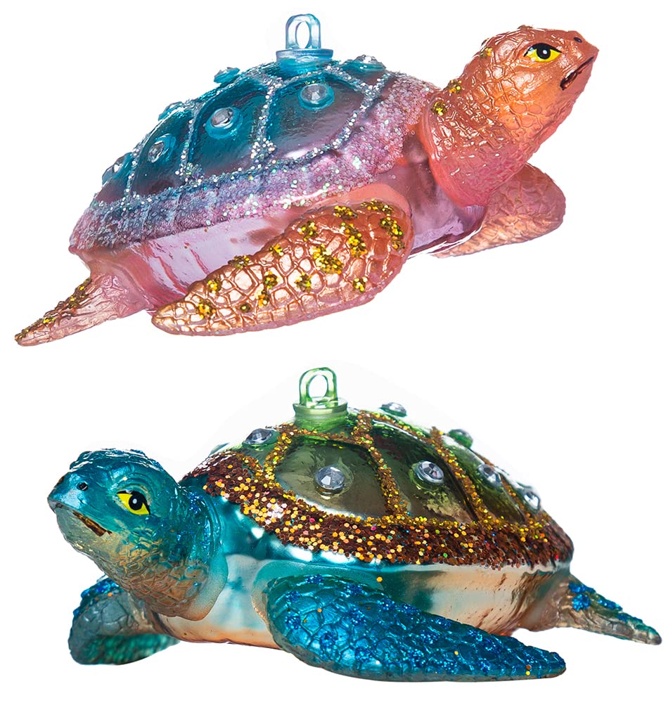 Set of 2 Hanging Sea Turtle Christmas Ornament, Hand Blown Resin Glass Sea Turtle Ornaments for Christmas Tree