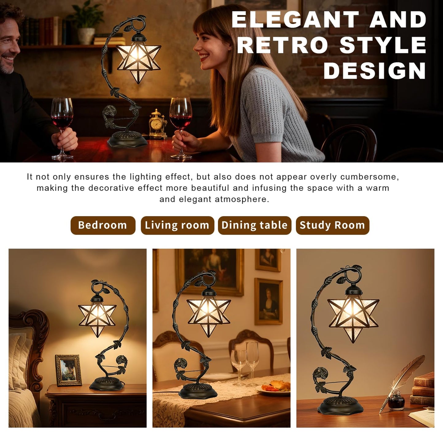 Star Glass Table Lamp, Vintage Style Table Lamp, 8x10x20 Inch – Bronze Metal Leaf Base Tiffany Lamp for Bedroom,Living Room,Study