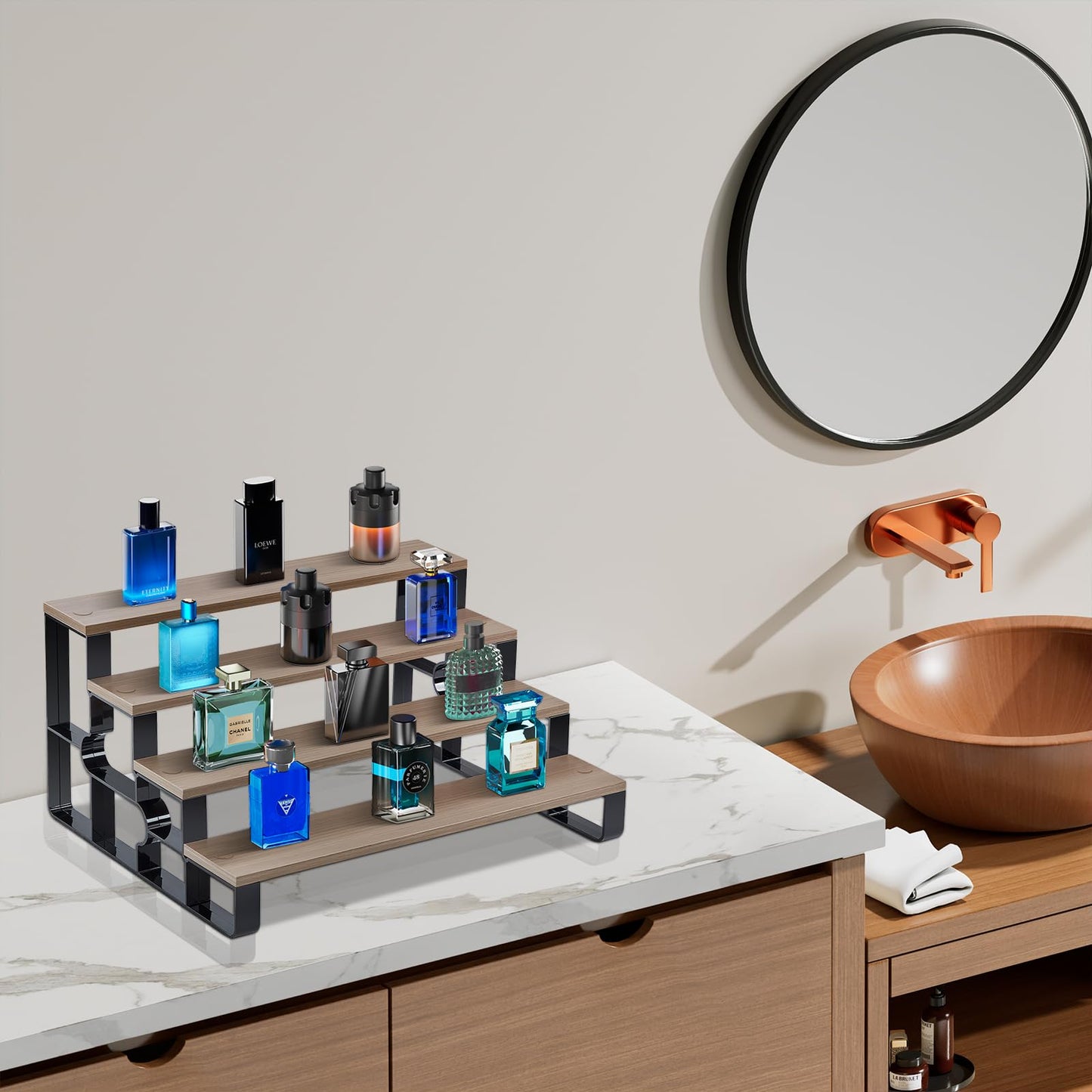 USHARP 4 Tier Cologne Organizer for Men, Wooden Perfume Organizer Stand, Waterproof Display Shelf Rack for Dresser, Vanity, Figures, Cupcake, Dessert Table(Walnut,Width=11.2")