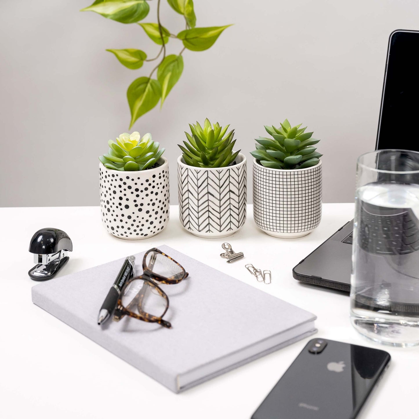 Kurrajong Farmhouse Artificial Succulents in pots | Set of 3 Black and White pots with Faux Succulents | Faux Plants Indoor | Fake Plants for Desk Decor | 4.75" high
