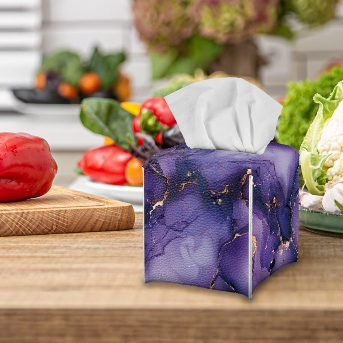 Xsehusvy Marble Purple Tissue Box Cover PU Leather Cube Tissue Holder with Bottom Belt Waterproof Square Facial Tissue Boxes Decorative Organizer for Bathroom Vanity