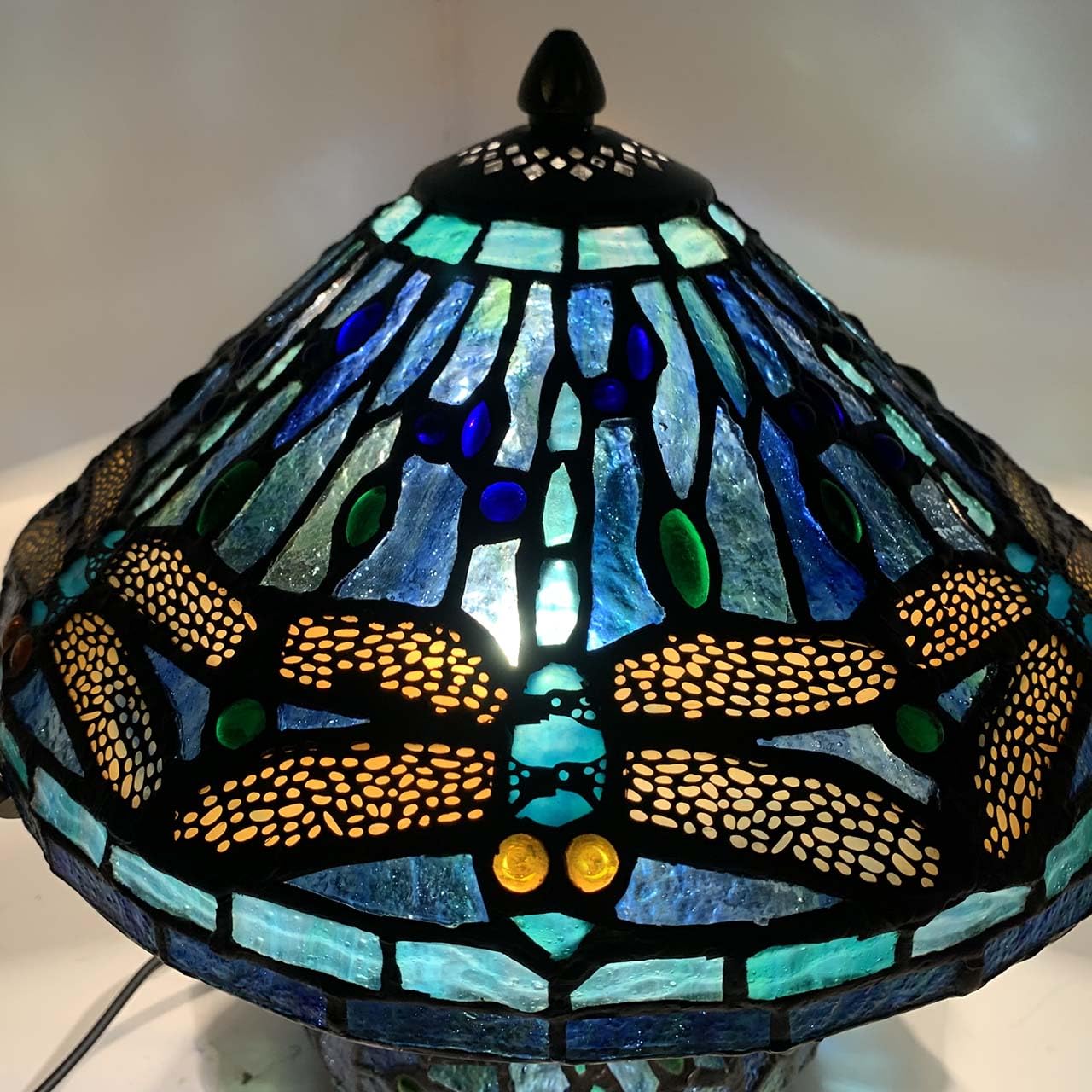 Bieye L10906 Tiffany Style Stained Glass Mushroom-Shaped Double Lit Table Lamp for Home Decor (10-inch, Blue Dragonfly)