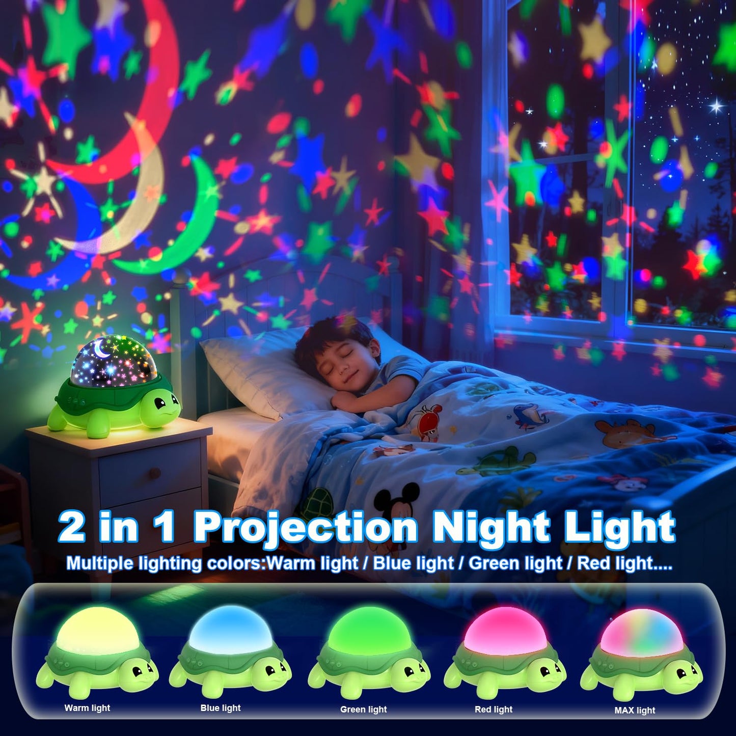 LMYCH Turtle Kids Night Light,Toys for Boys 3-8 Years Old Starry Sky Projector Light,360 Rotation,4 LED Bulbs,16 Light Colors Variable,USB Cable Powered,Ceiling Light for Kids Bedroom