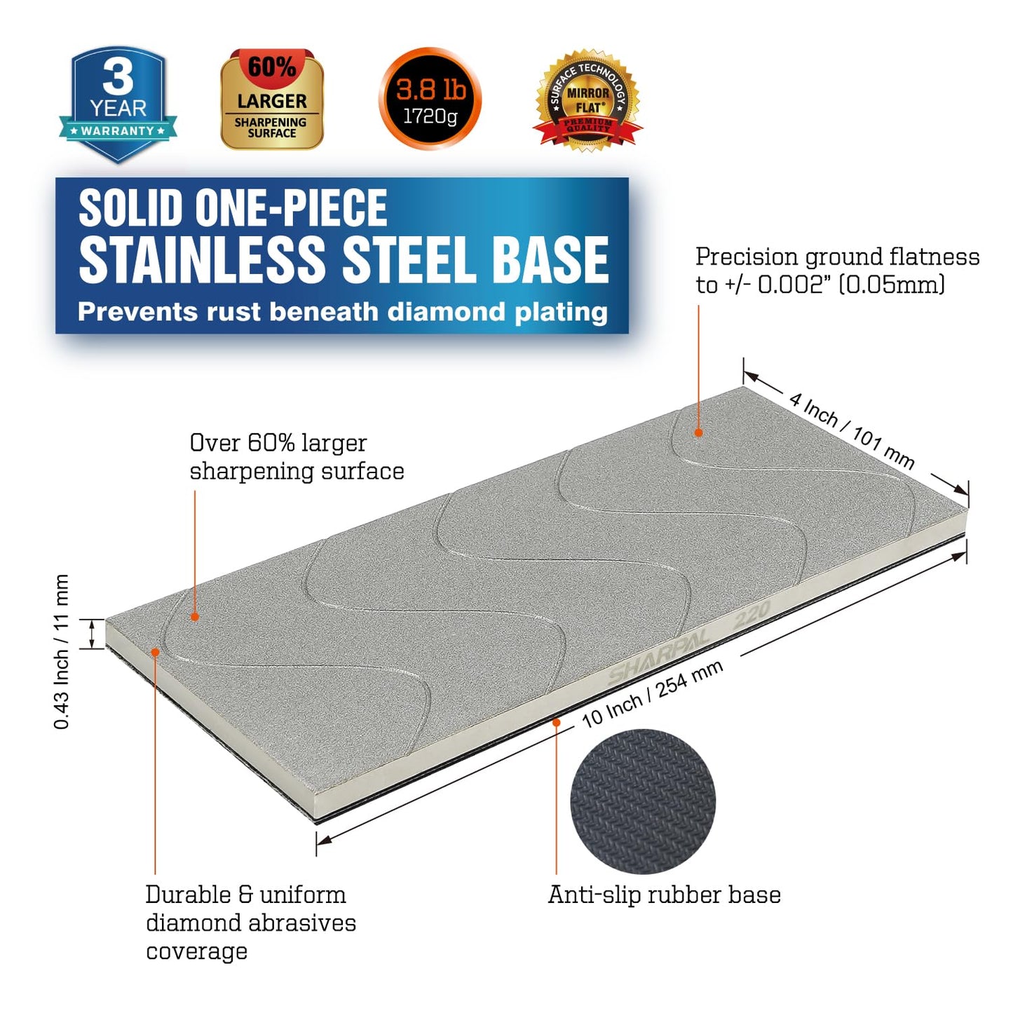 SHARPAL 145H 10 x 4 Inch Diamond Lapping Plate, Whetstone Flattener, Extra Coarse 220 Grit for Coarse Sharpening and Flattening Stones, Fix & Re-levelling, Premium Fathers Day Gift