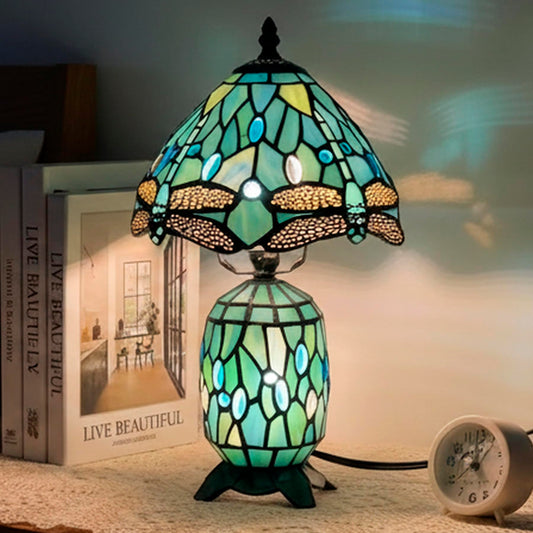 TCODTPOL Tiffany Stained Glass Table Lamp 8X14 Inches (Sea Blue Dragonfly)