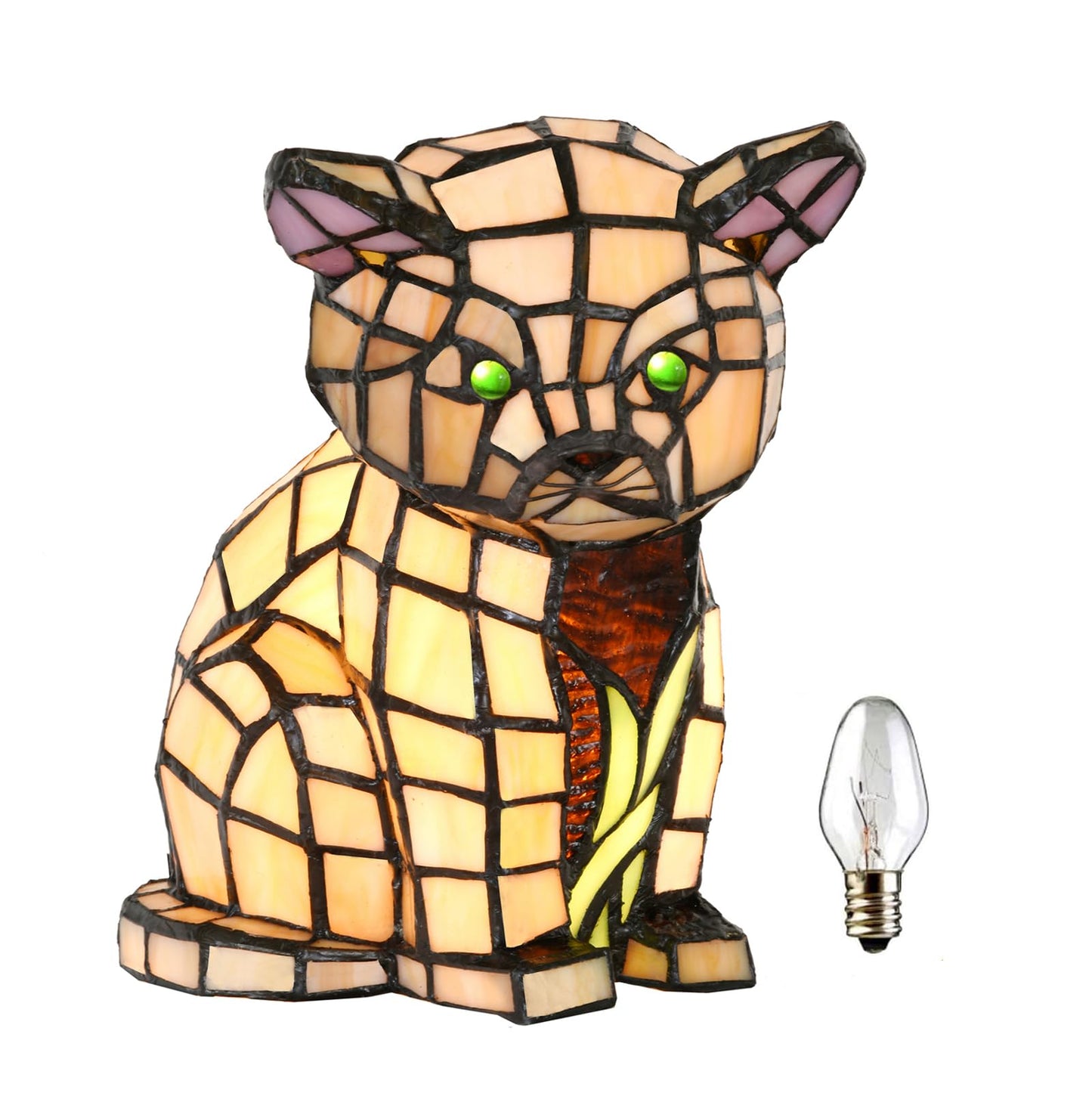 HomeBeauty A0006 Tiffany Lovely Cat Table Lamp Handmade Stained Glass Animal Night Light, 5.5" W x 8" H Accent Lamp for Living Room Bedroom Home Decoration, Bulb Included
