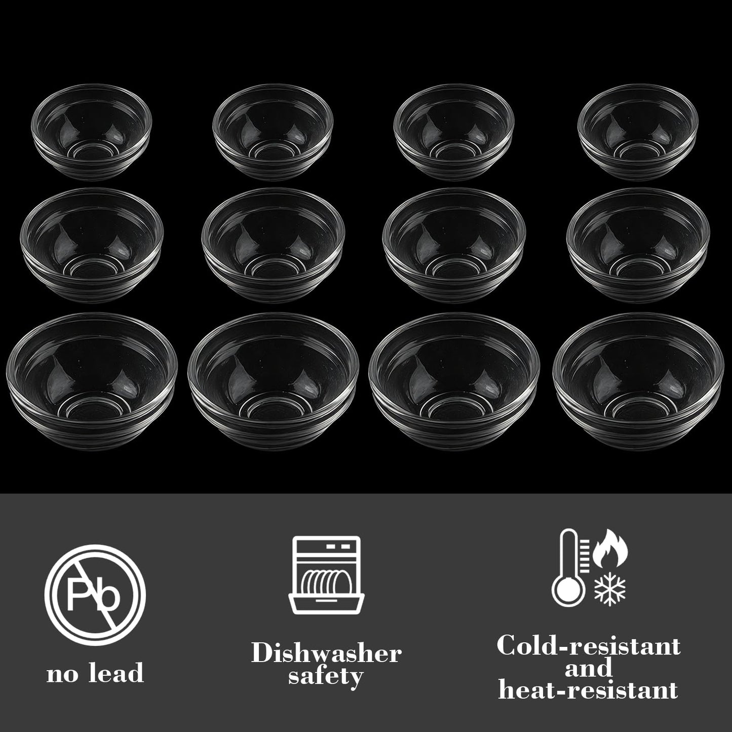 CAOXIAOXUYAO 12-Piece Mini Glass Prep Bowls Set - 4x 1.5 oz, 4x 2.5 oz, 4x 4.5 oz Small Nesting Mixing Bowls for Kitchen, Food Prep, Spices, Sauces & Snacks