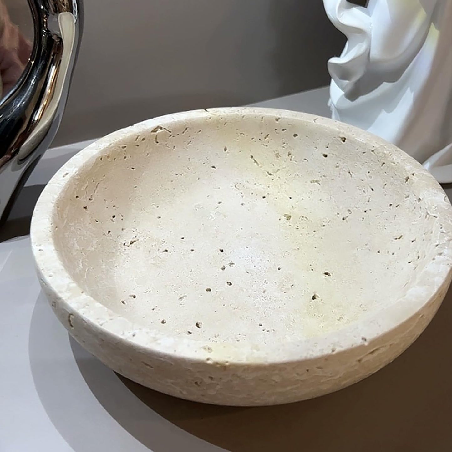 YeasHome Beige Travertine Decorative Bowl, 7.8" Diameter x 2" Height, Handmade, Perfect for Entryway Key Bowl, Fruit, Kitchen Counter, Dining Table Centerpiece, Office Decor & Coffee Table