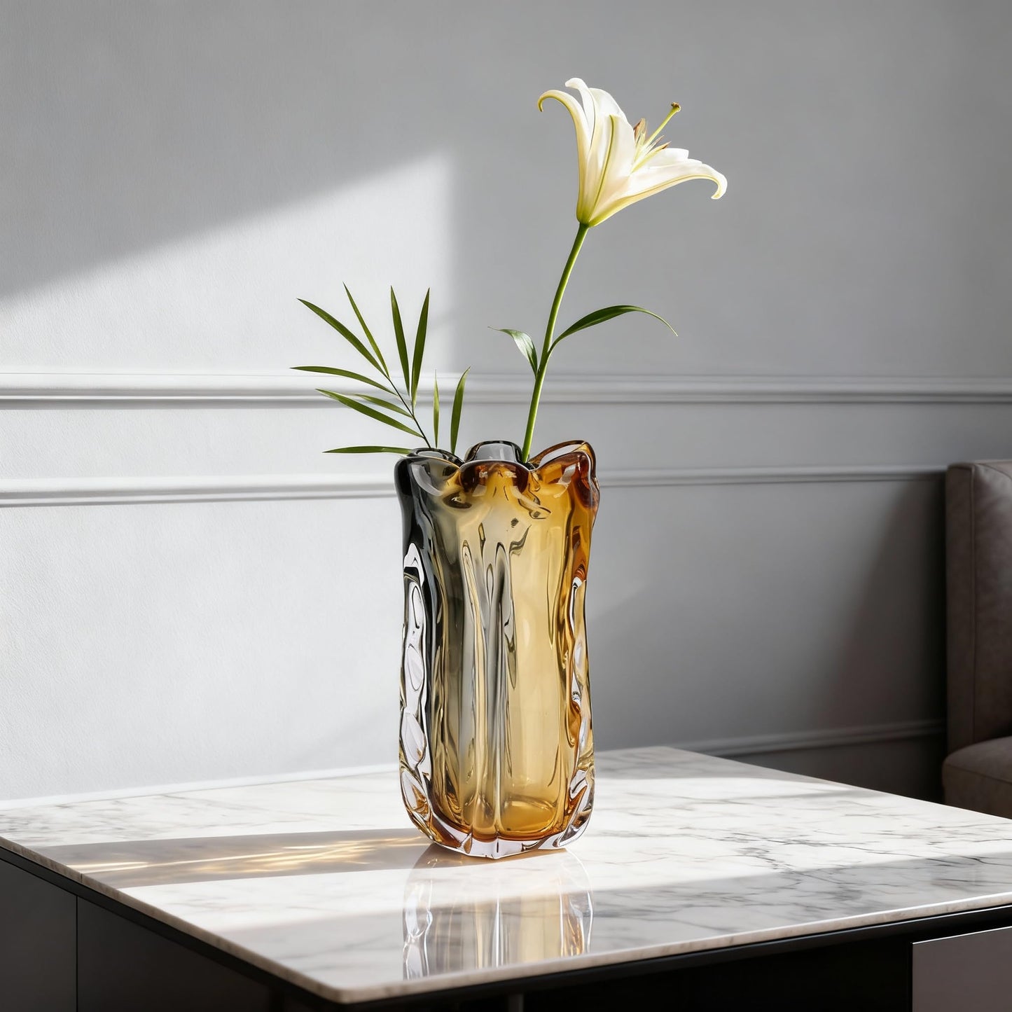 Amber Wide Mouth Vase for Flowers, Decorative Vases for Home Decor, Hand-Blown Murano Art Glass, Modern Art Deco Cut Glass,High-End Unique Designer Centerpiece,Living Room Table Shelf, Plants(Amber,M)
