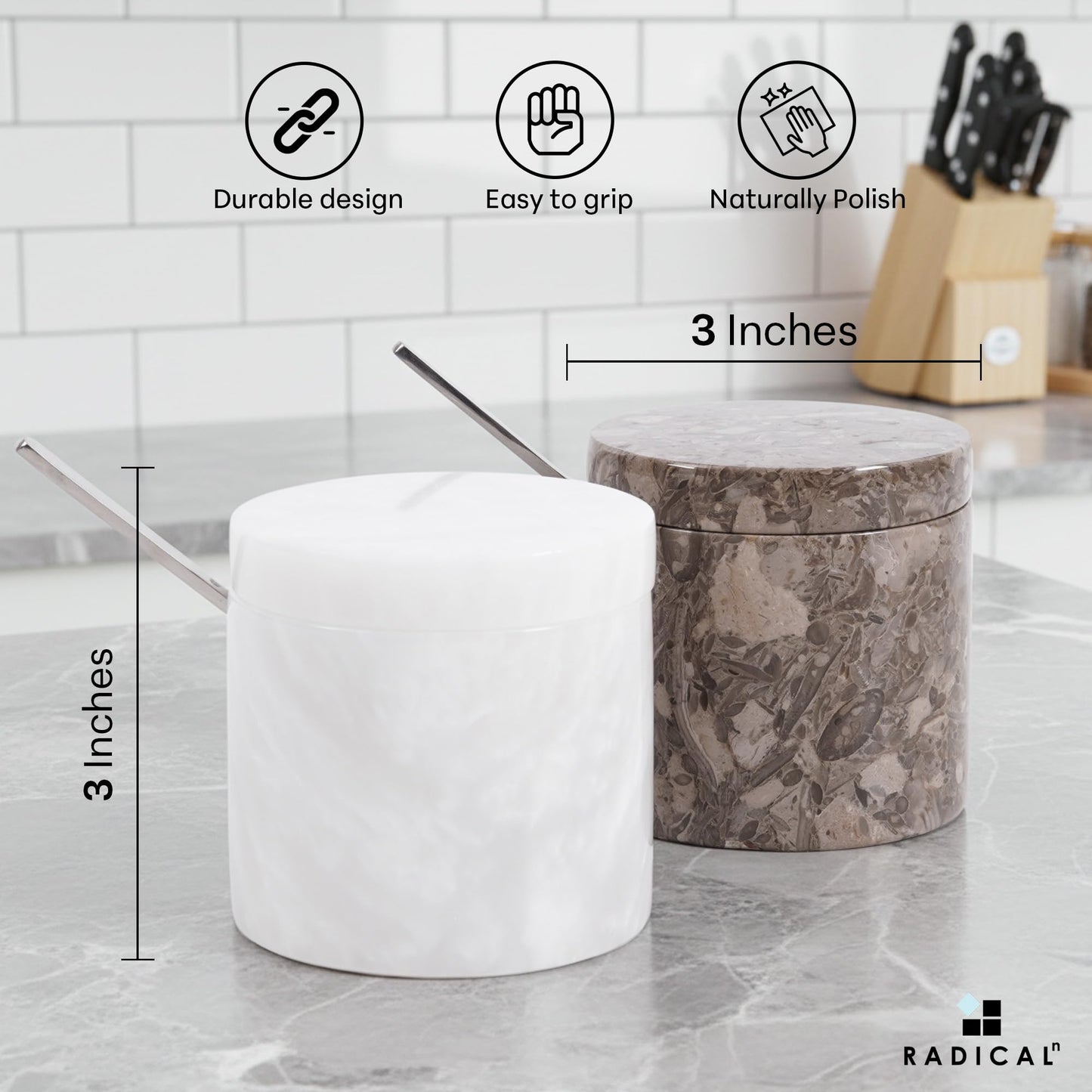 Radicaln Marble Salt Cellar with Lid and Tray 3" Inch Oceanic and White Handmade Salt Dish For Kitchen Countertop, Ideal Set of 2 Seasoning Jars & Table Salt Container For Table